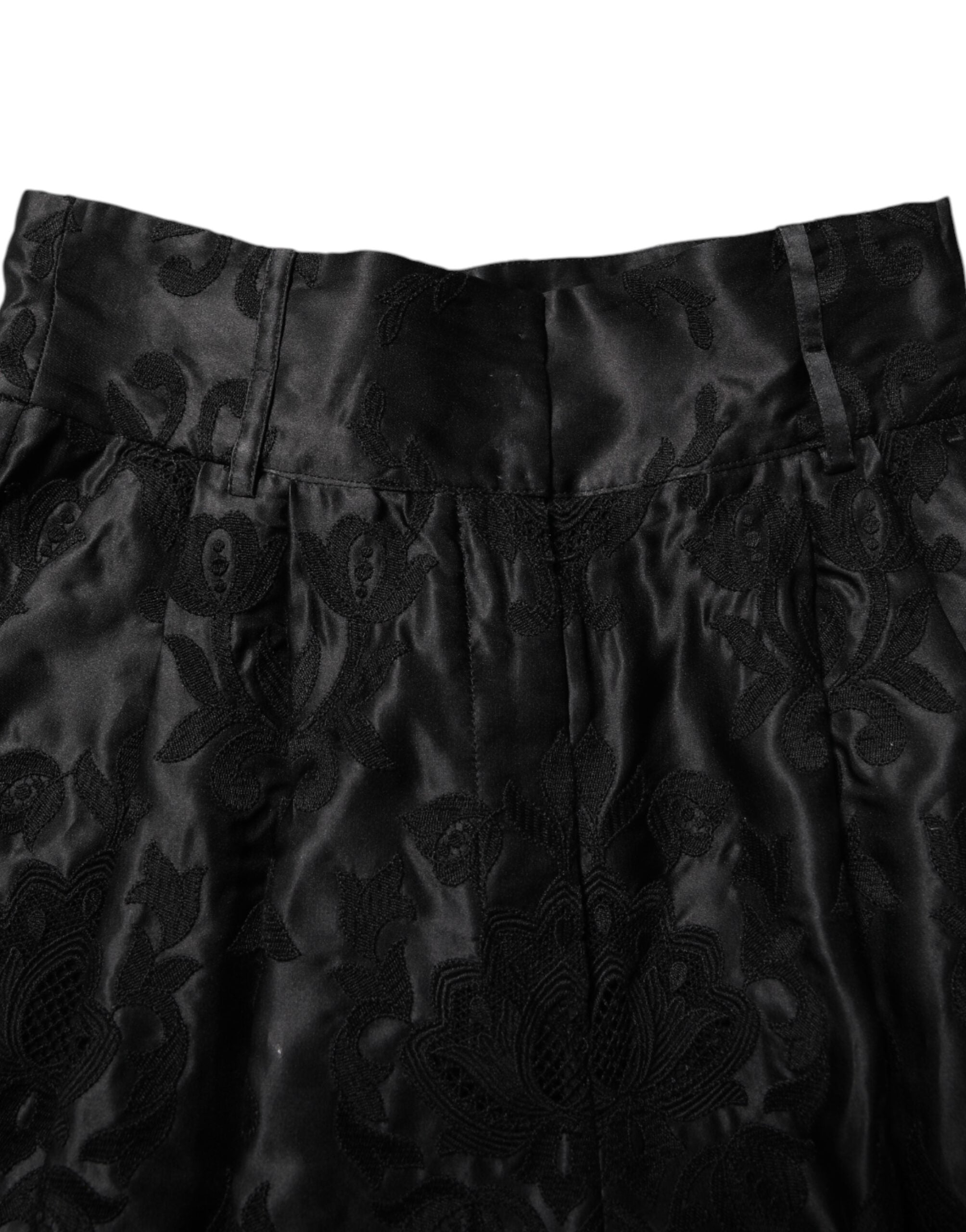 Black Floral Embroidery Silk High Waist Shorts