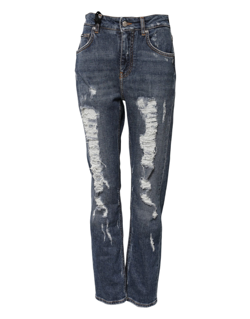Blue Cotton Boyfriend Tattered Denim Jeans