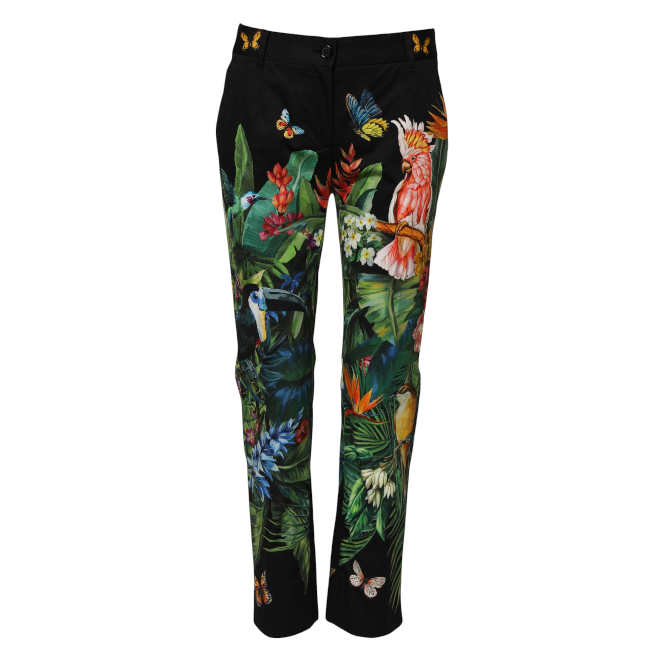 Black Cotton Tropical Mid Waist Pants