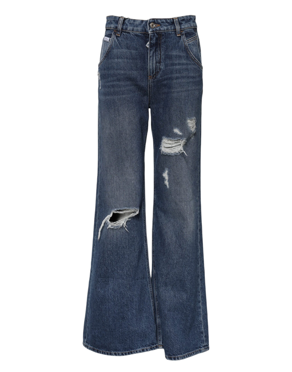 Blue Cotton Wide Leg Tattered Denim Jeans