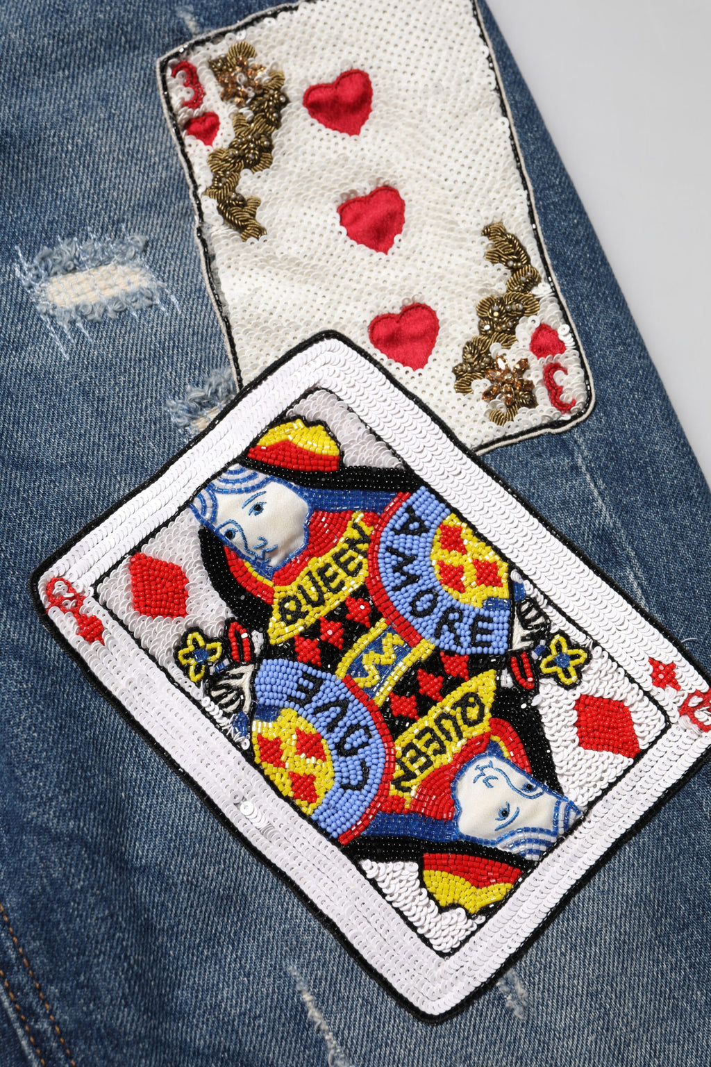Blue Play Card Embroidery Skinny Denim Jeans