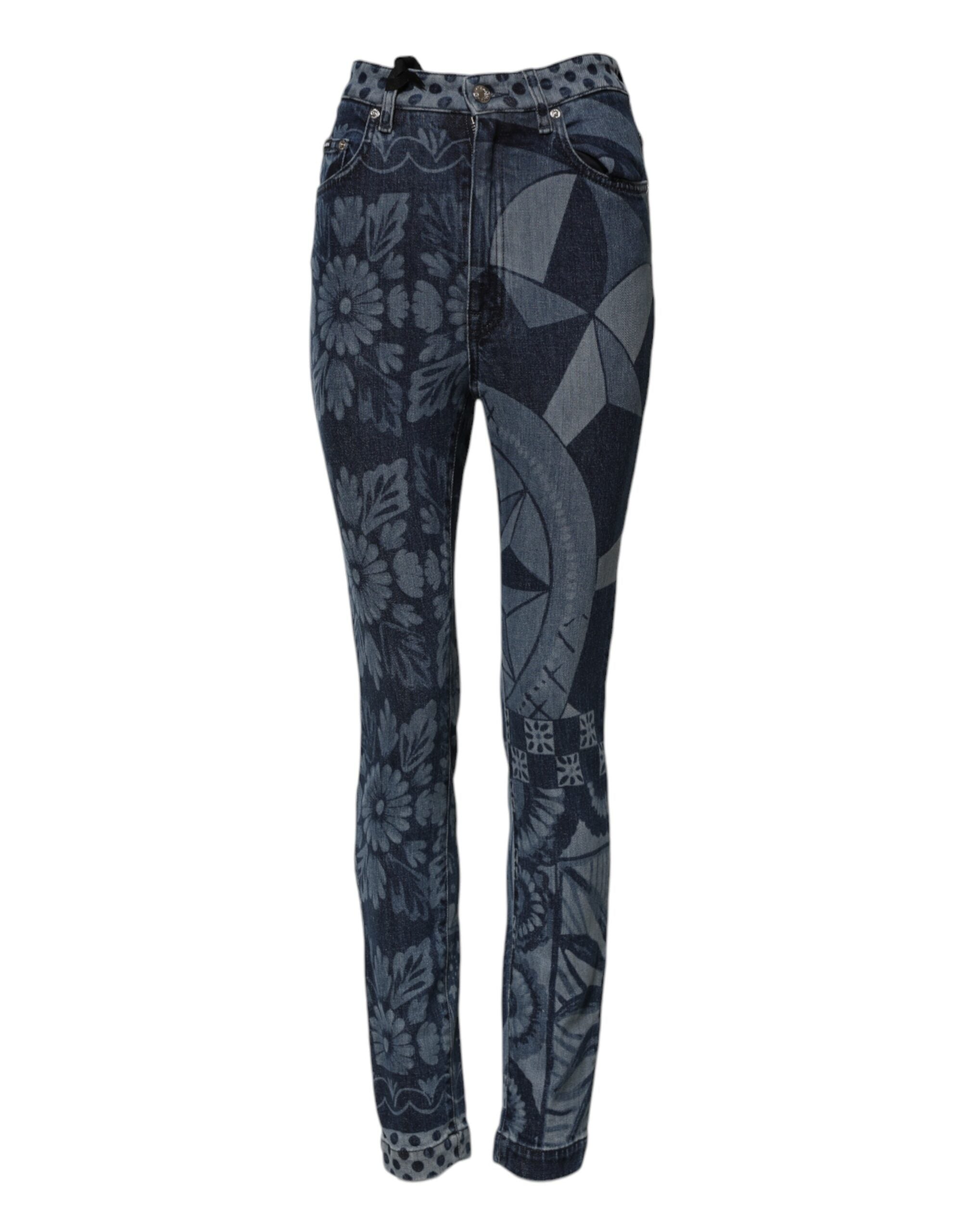 Blue Graphic Print Cotton Skinny Denim Jeans