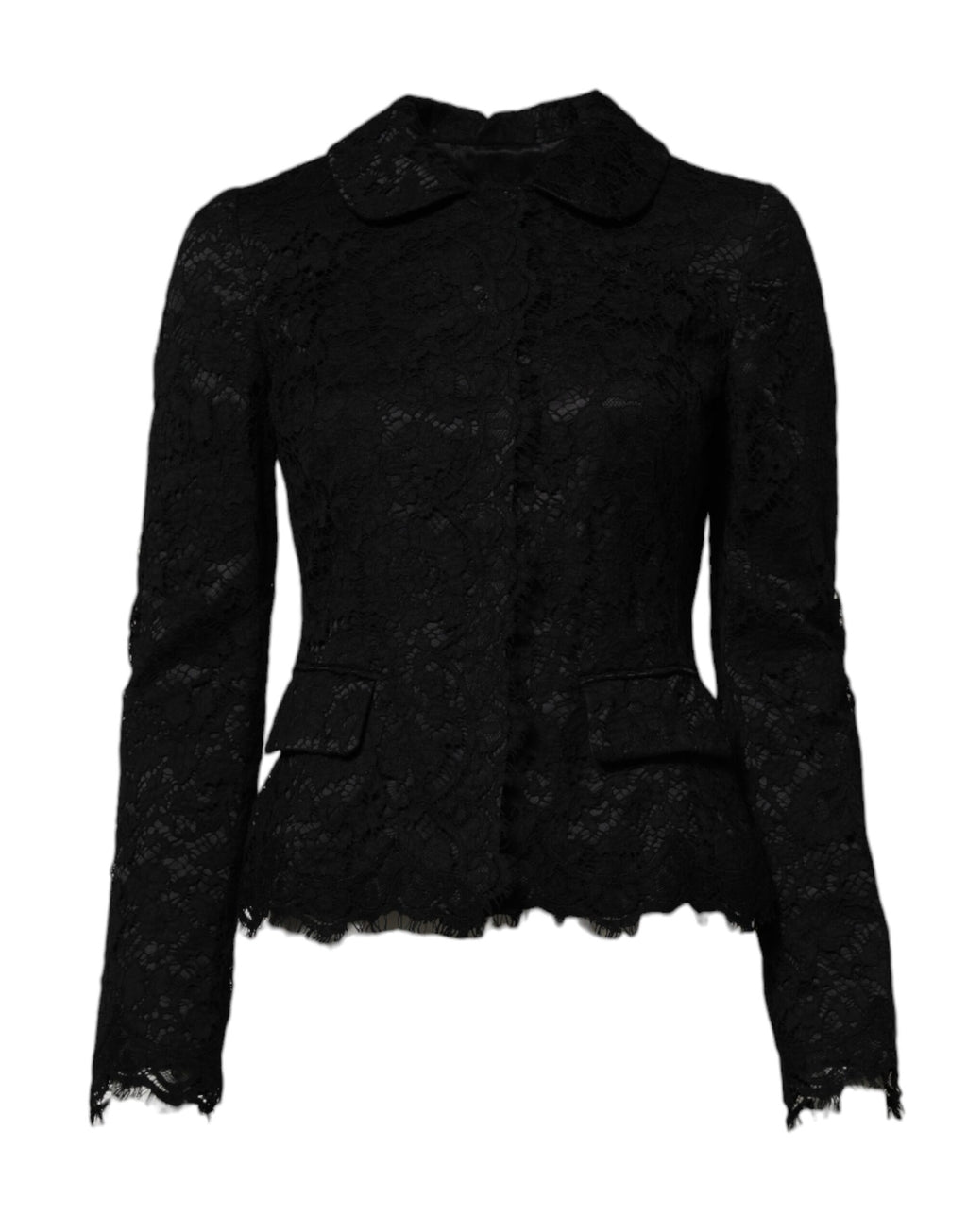 Black Floral Lace Cotton Collared Jacket