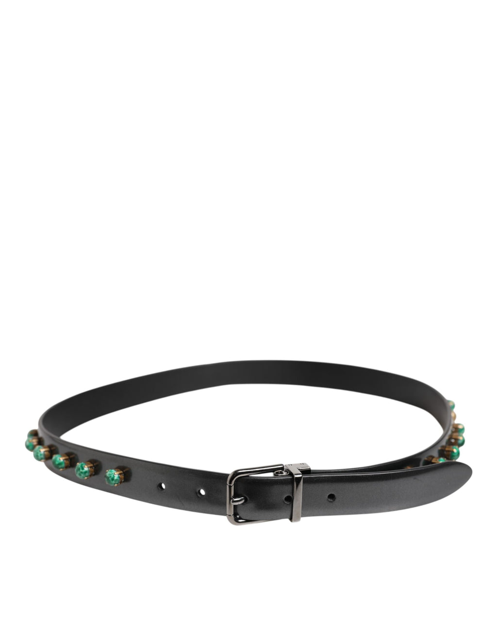 Black Leather Studded Silver Tone Buckle Belt