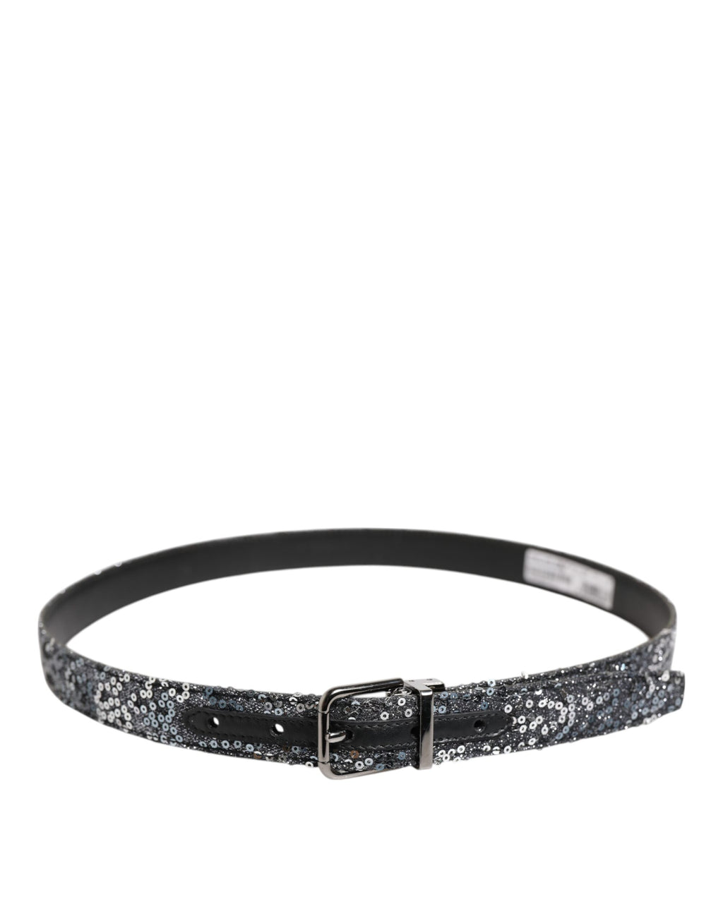 Black Sequins Silver Metal Logo Buckle Belt