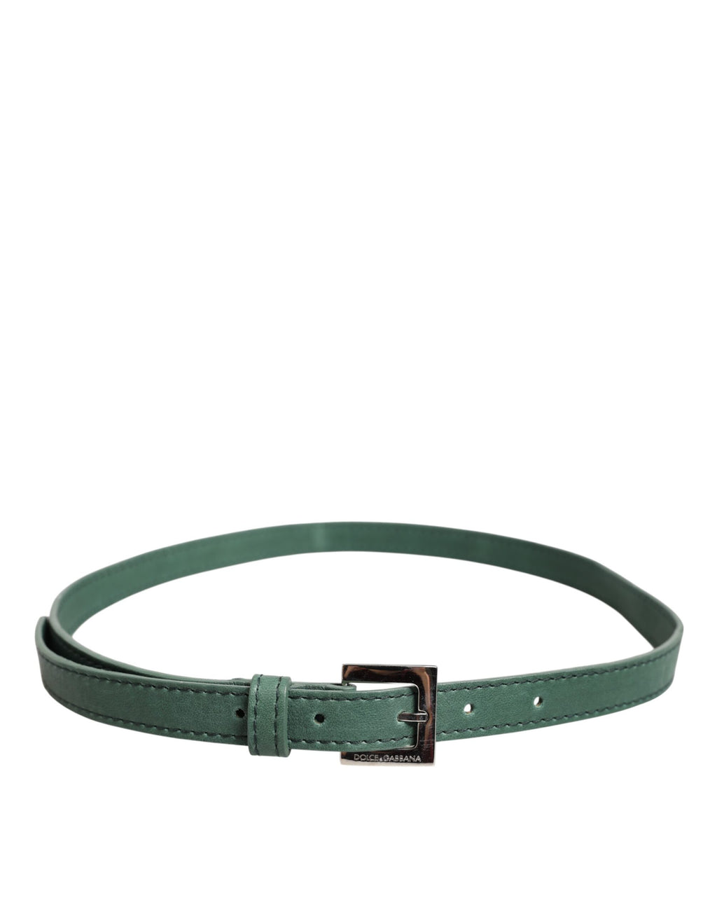 Dark Green Leather Silver Metal Buckle Belt