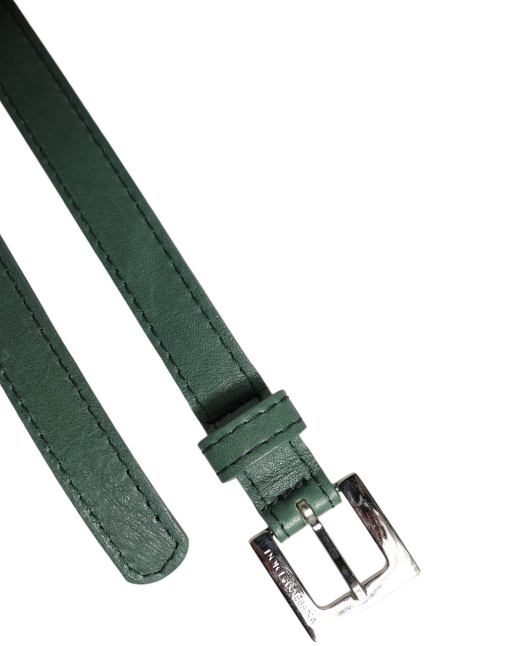 Dark Green Leather Silver Metal Buckle Belt