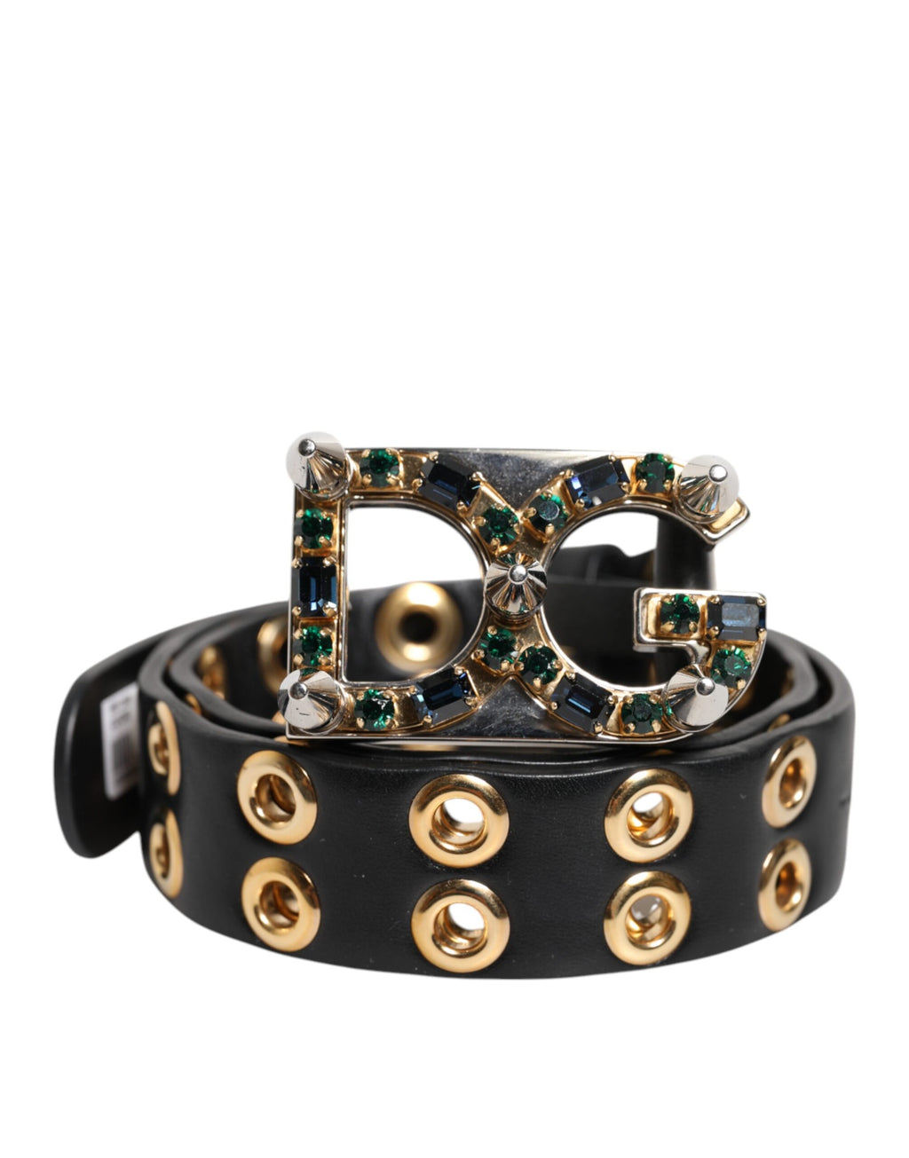 Black Leather Eyelet Crystal DG Buckle Belt