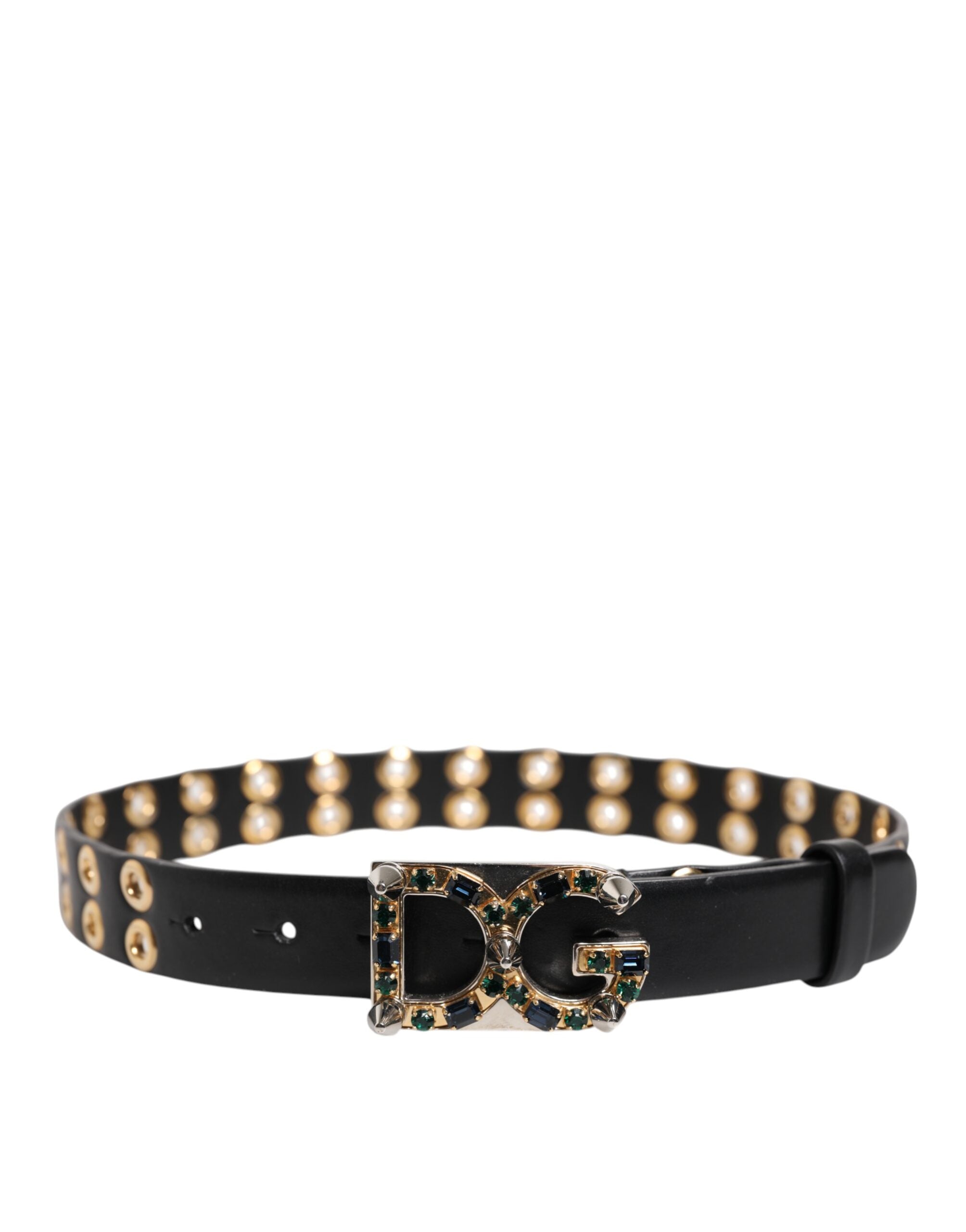 Black Leather Eyelet Crystal DG Buckle Belt