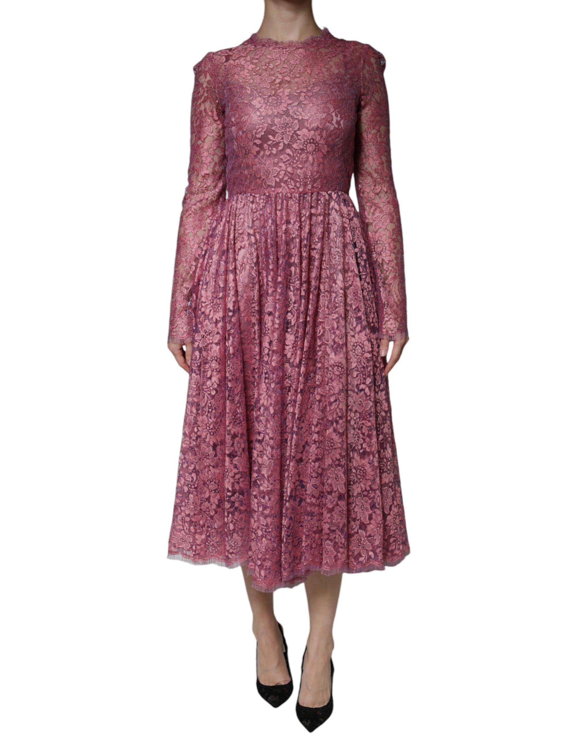 Pink Floral Lace Long Sleeve Midi Dress