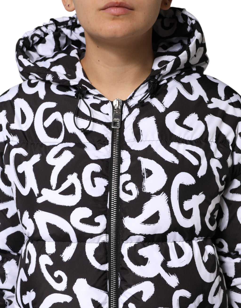 Black White DG Mania Hooded Long Coat Jacket