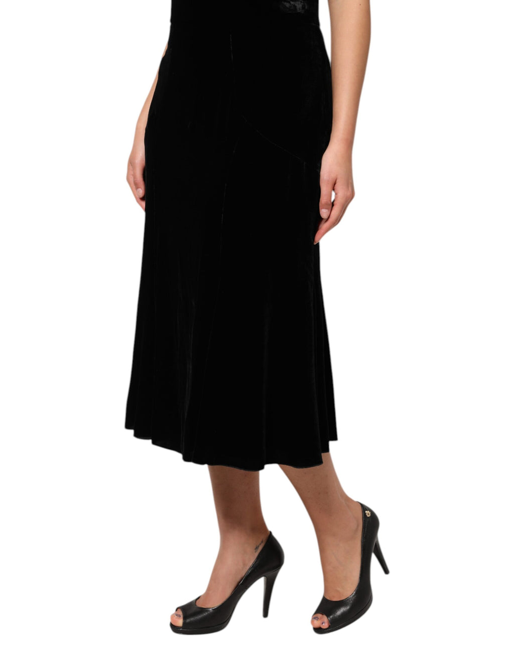 Black High Waist Fit Flared Midi Skirt