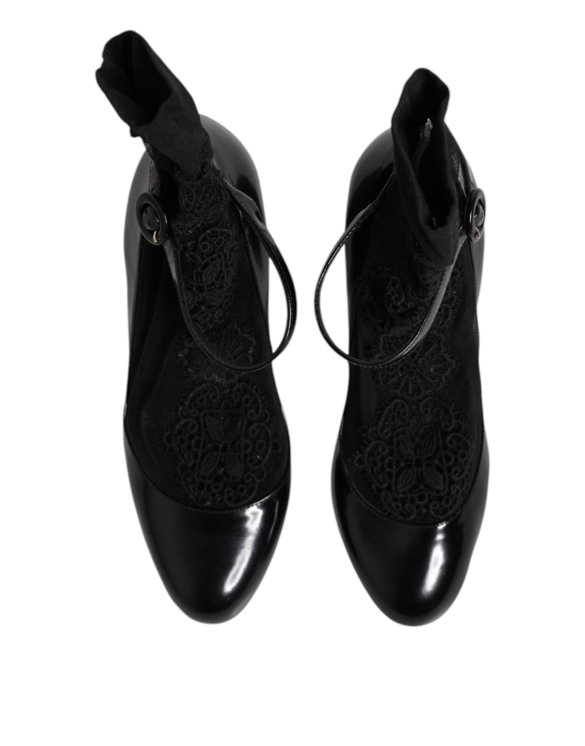 Black Leather Lace Socks Heels Pumps Shoes