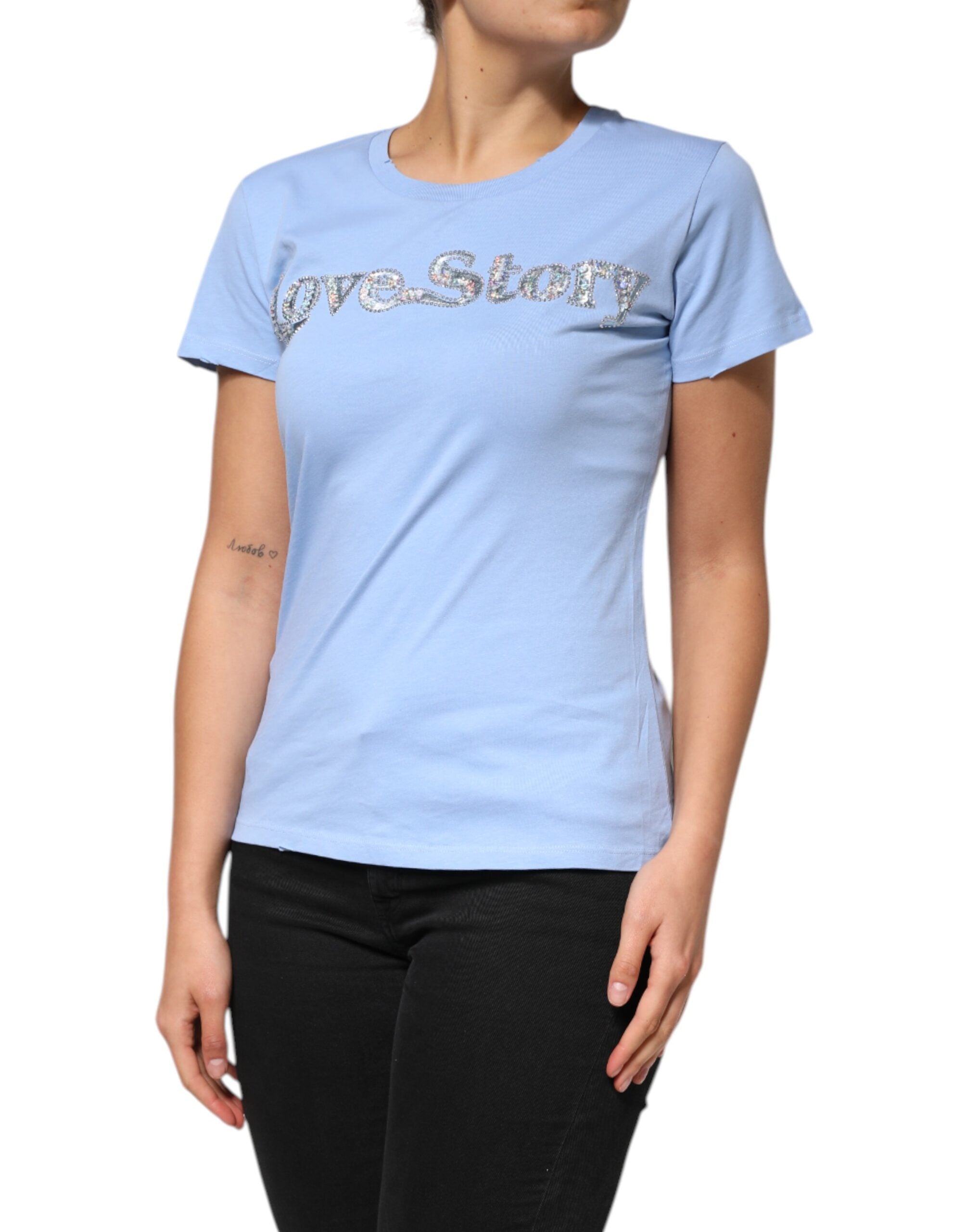 Blue Love Story Sequined Embellished Short Sleeves T-shirt