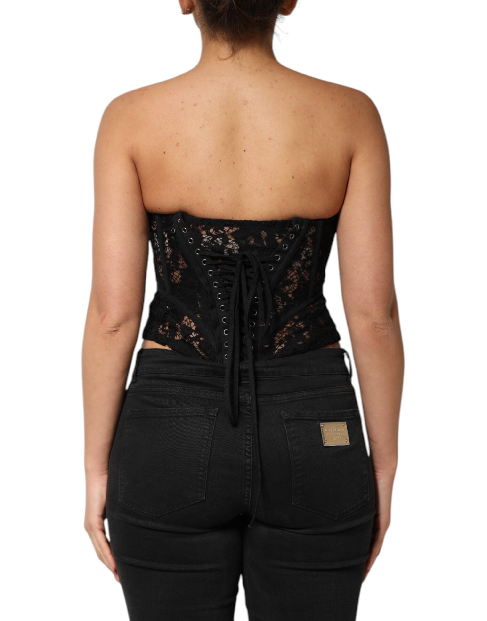 Black Strapless Floral Lace Bustier Cropped Top