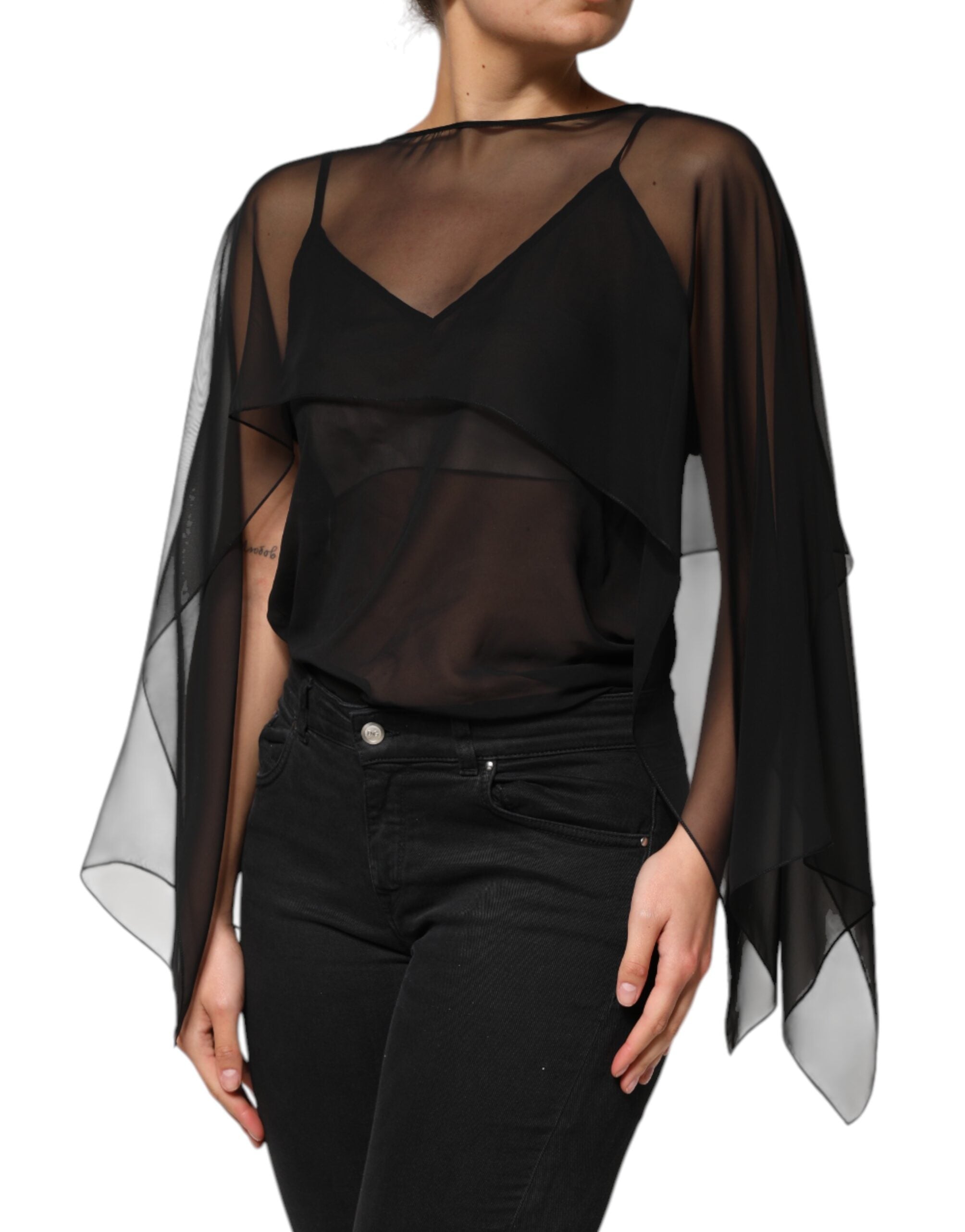 Black See Through Silk Chiffon Lace Blouse Top