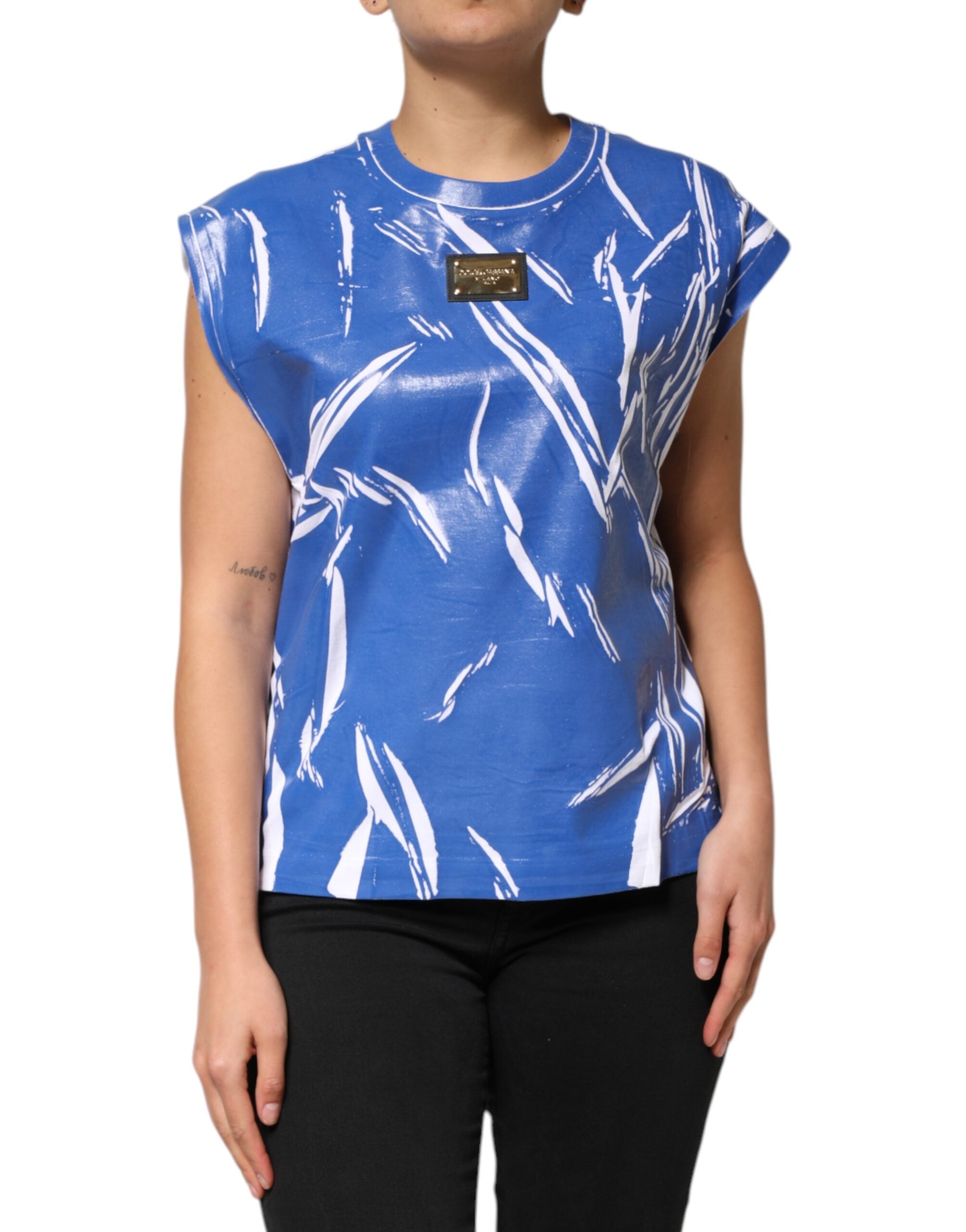 Blue White Cotton Logo Plaque Women Tank Top