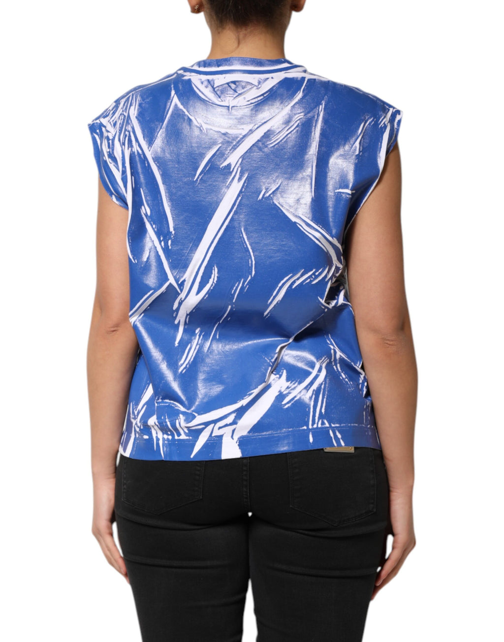 Blue White Cotton Logo Plaque Women Tank Top