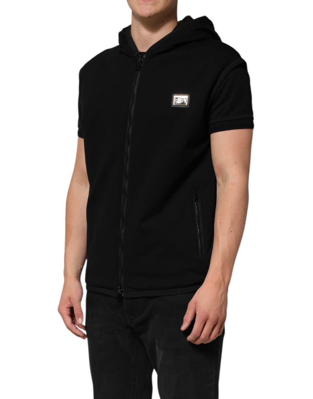 Black Sleeveless Hooded Logo Plaque Jacket