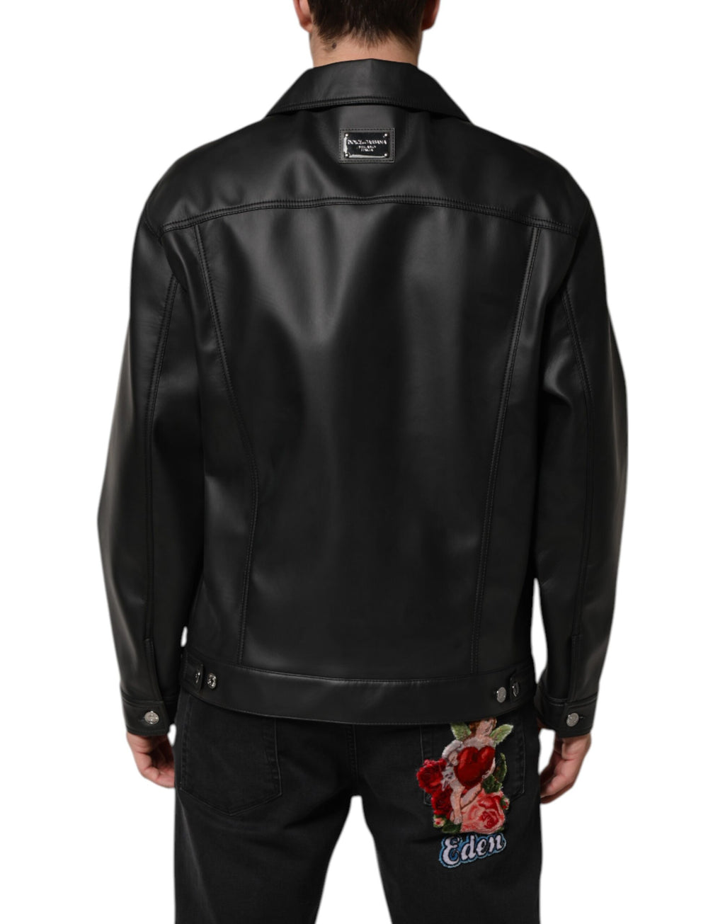 Black Polyester Button Down Biker Jacket