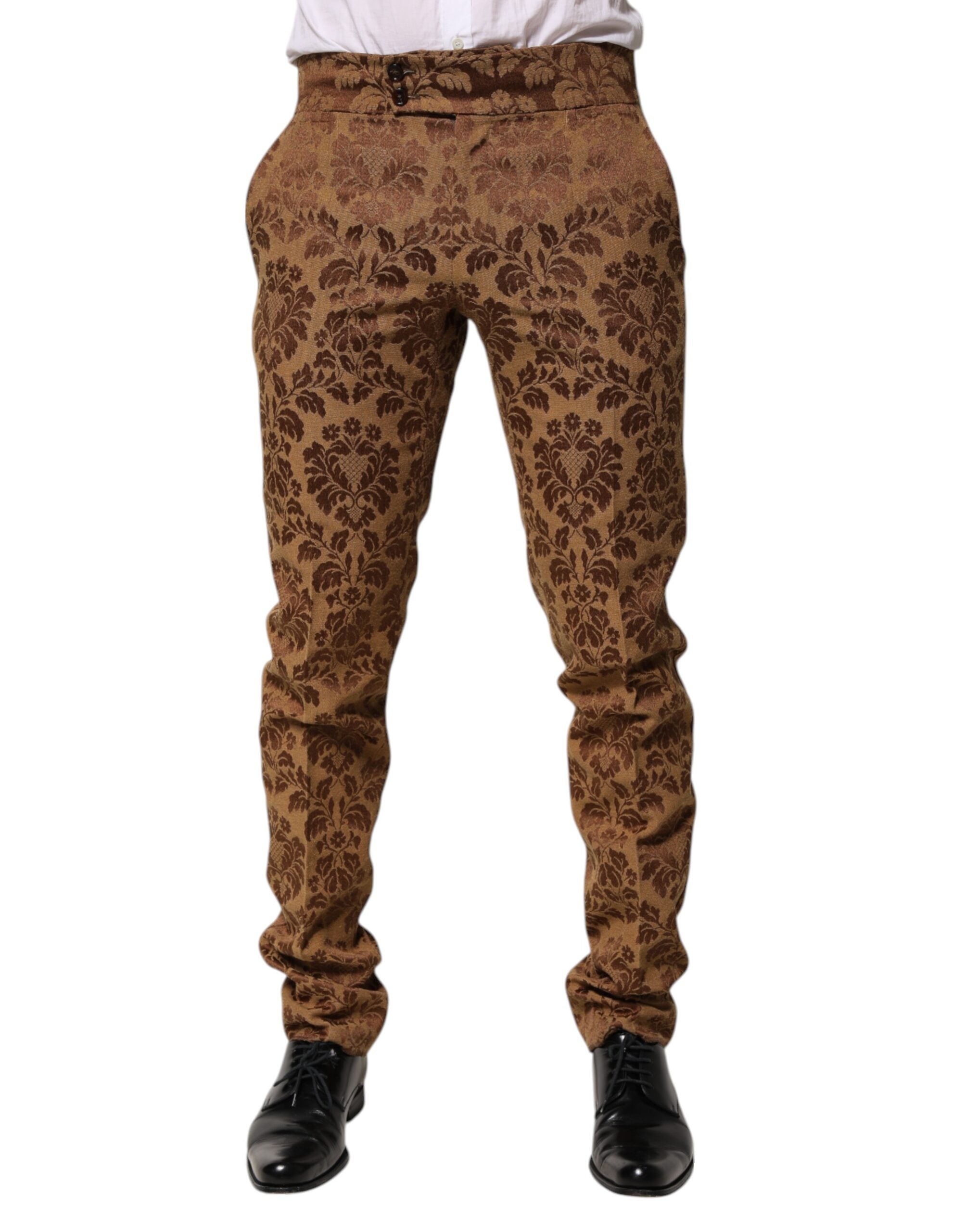 Brown Floral Jacquard Men Skinny Trouser Pants