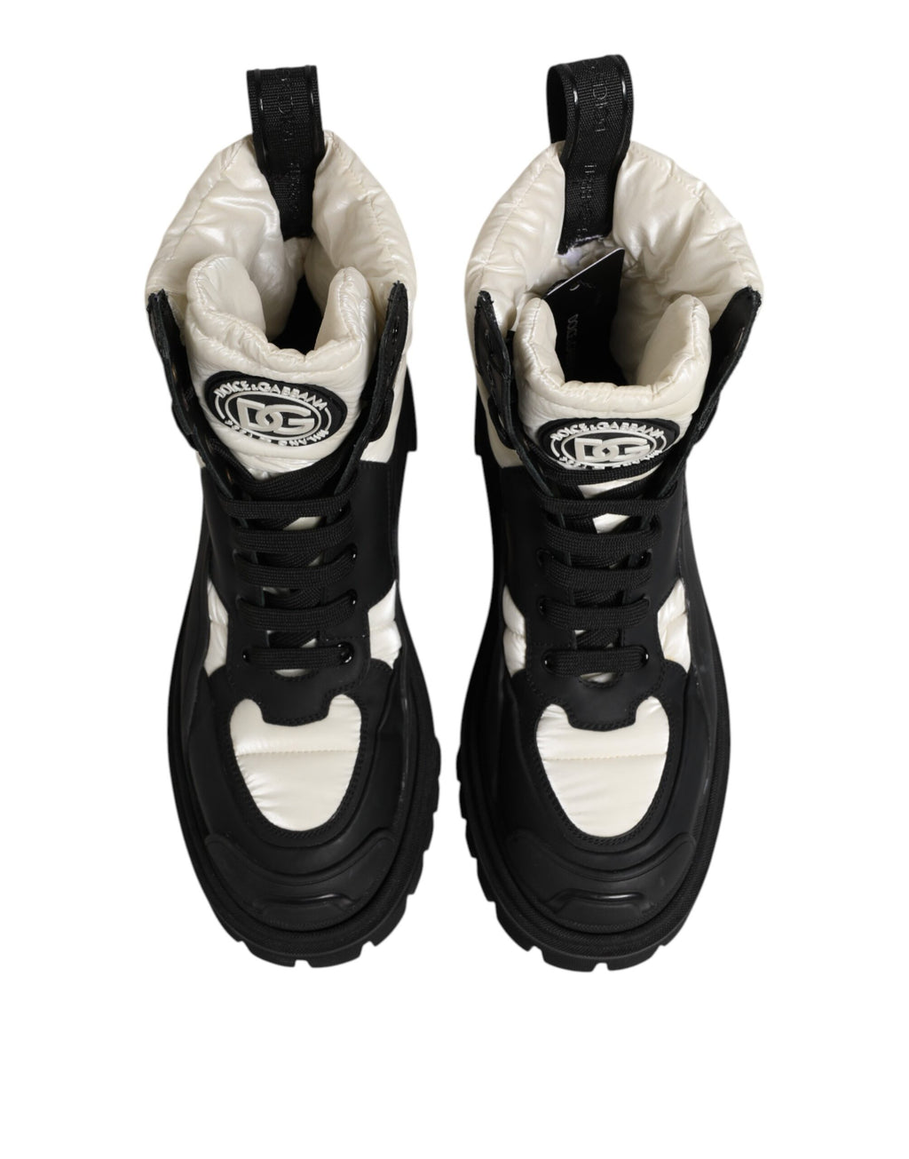 Black White Padded Mid Calf Lace Up Boots Shoes