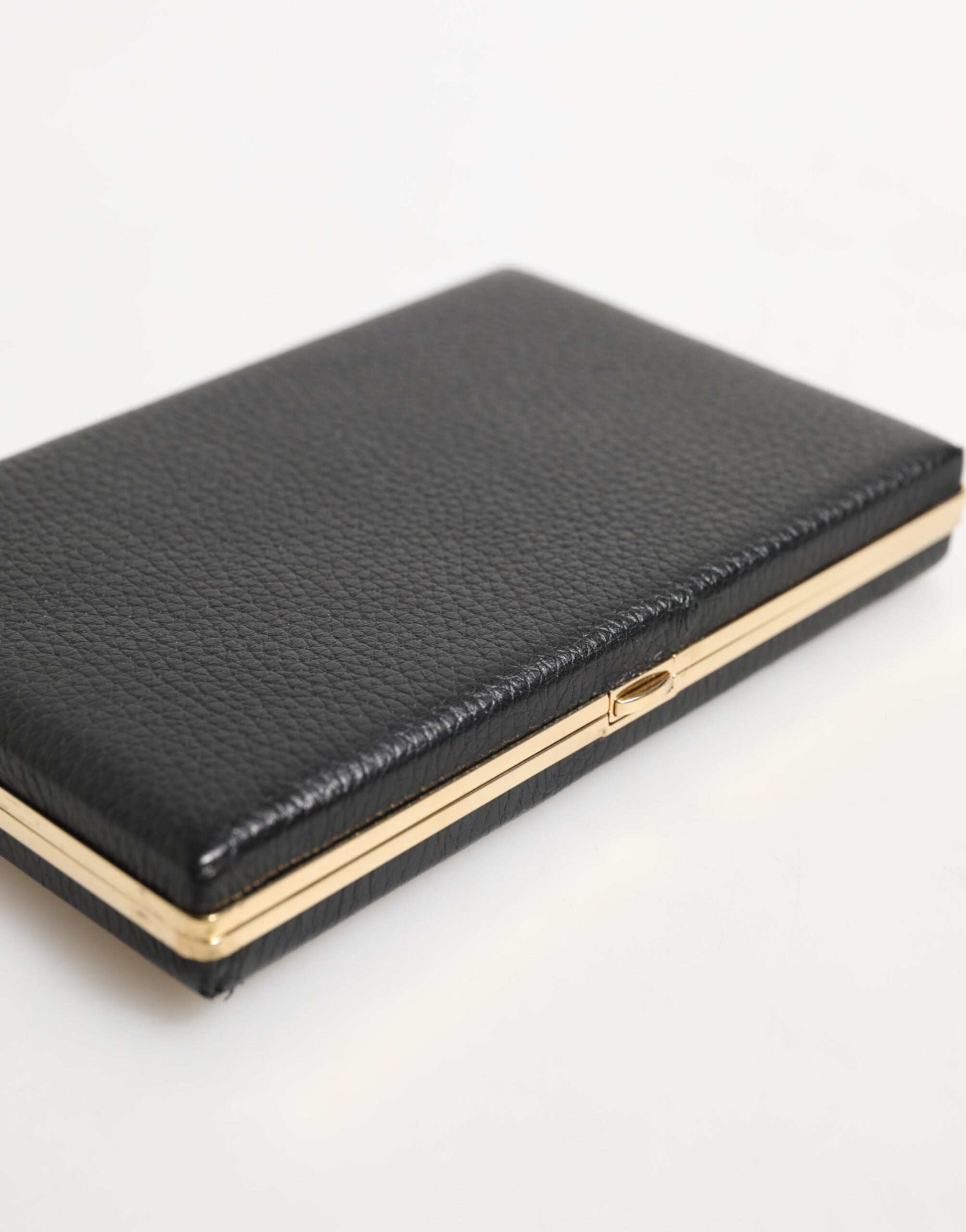 Black Leather Gold Frame Clutch Evening Party Purse Bag