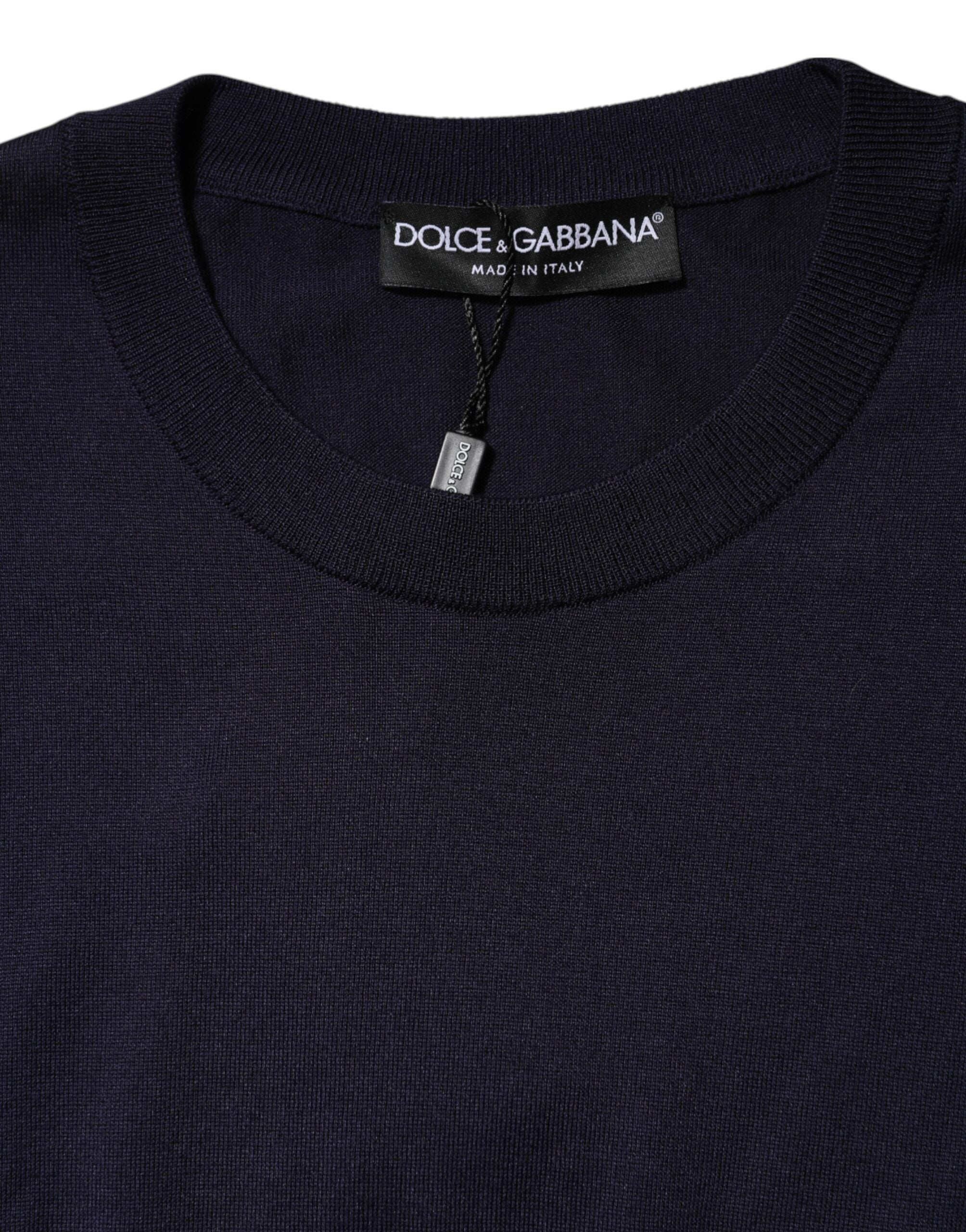 Dark Blue Silk Crew Neck Short Sleeves T-shirt