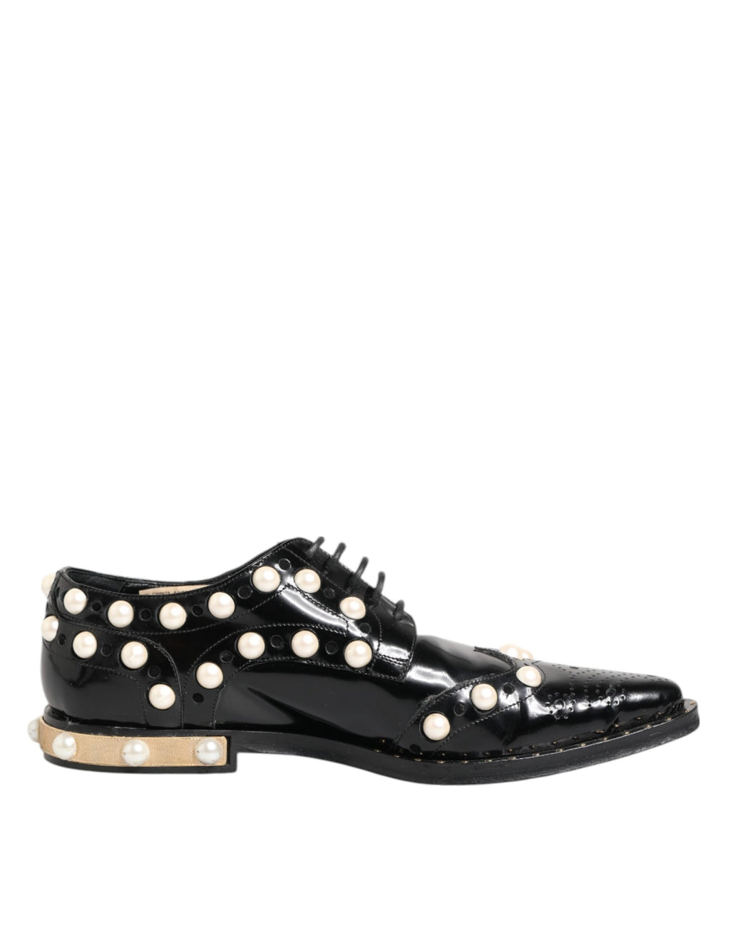 Black Leather Faux Pearl Dress Broque Shoes