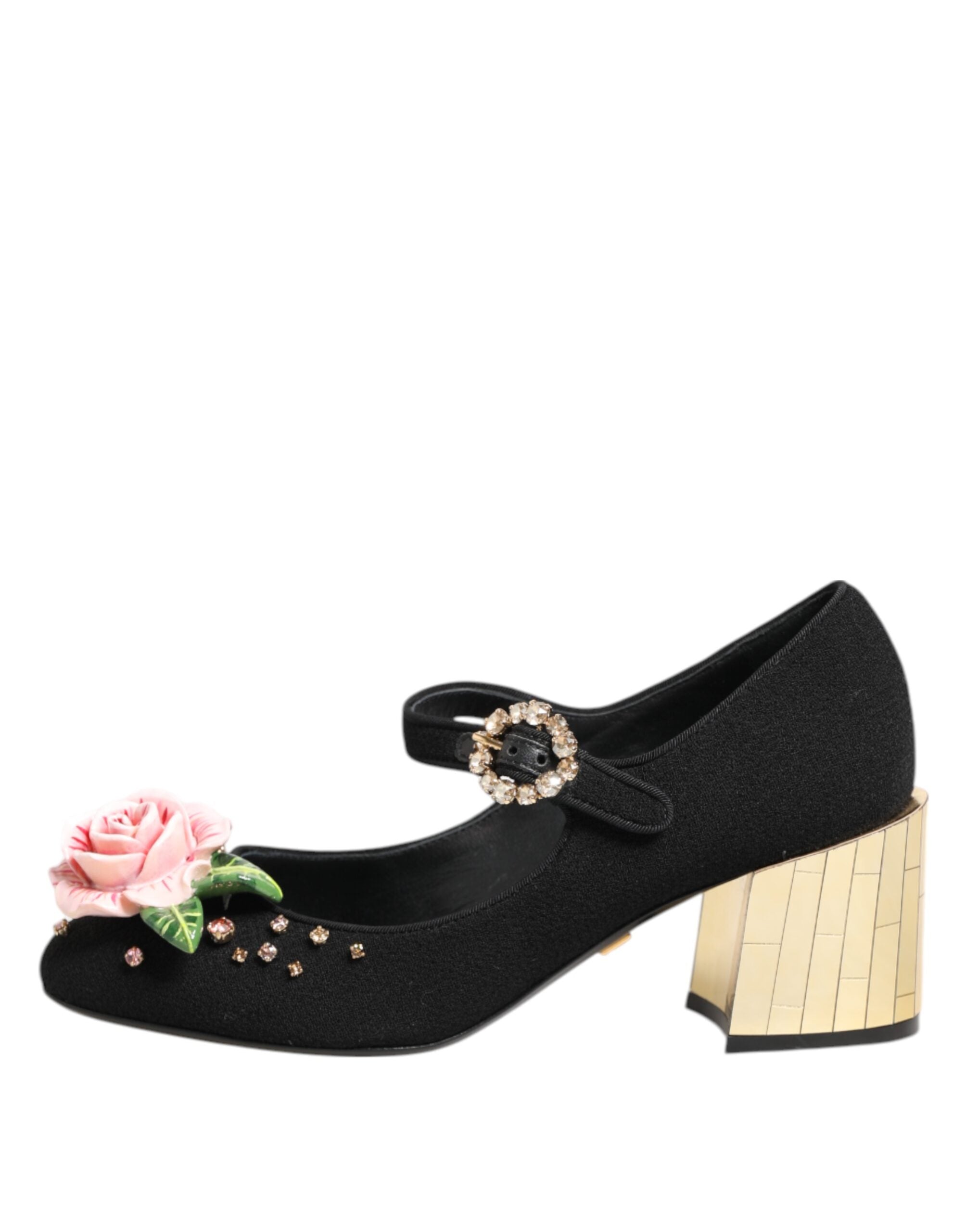 Black Flower Crystal Embellished Mary Jane Shoes