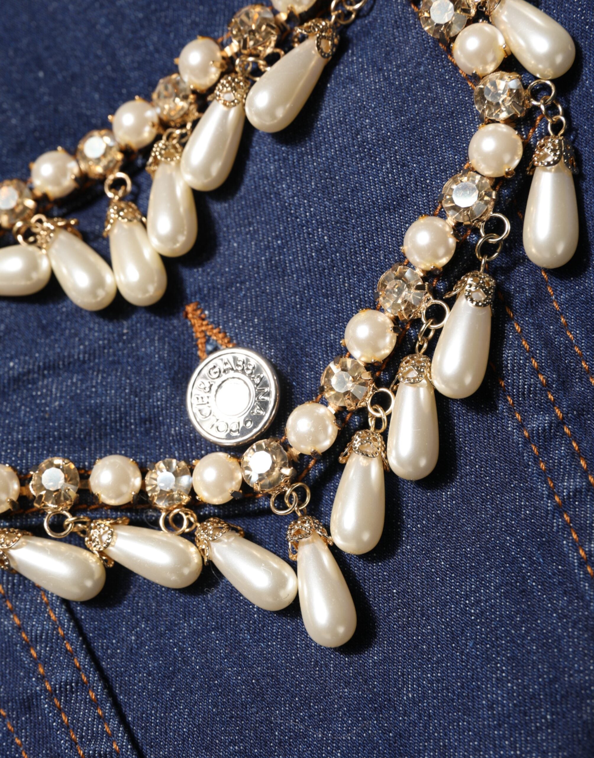 Blue Cotton Denim Crystal Embellished Jacket