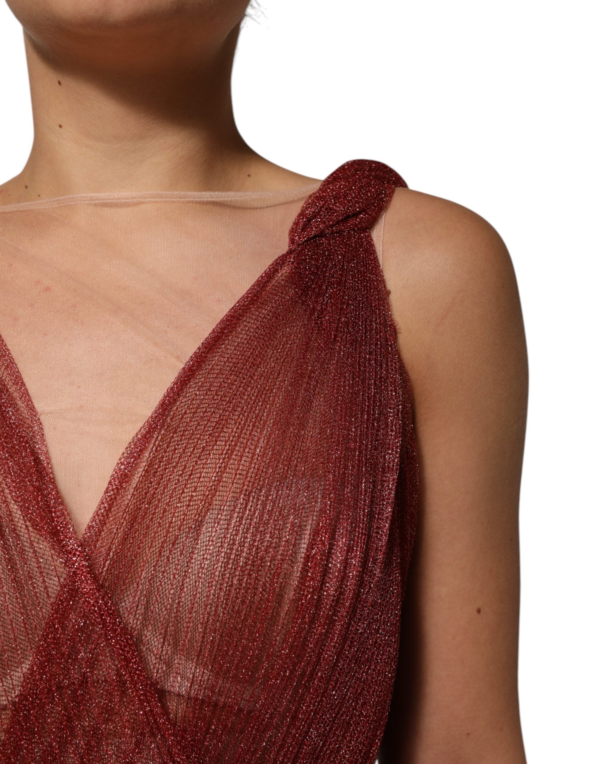 Burgundy Mesh Sleeveless Midi A-line Dress