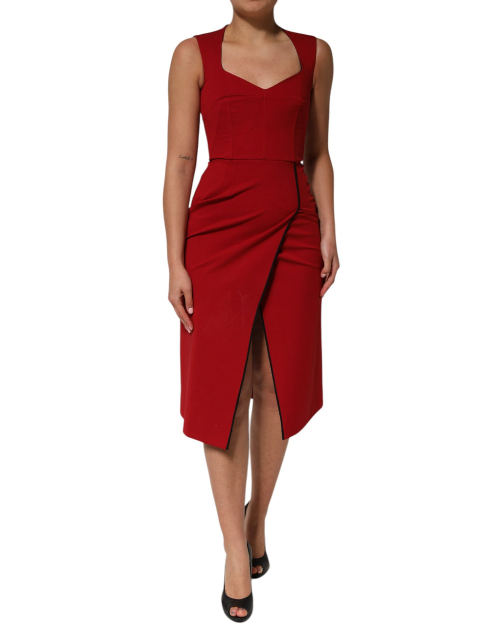 Red Viscose Stretch Slit Sheath Midi Dress
