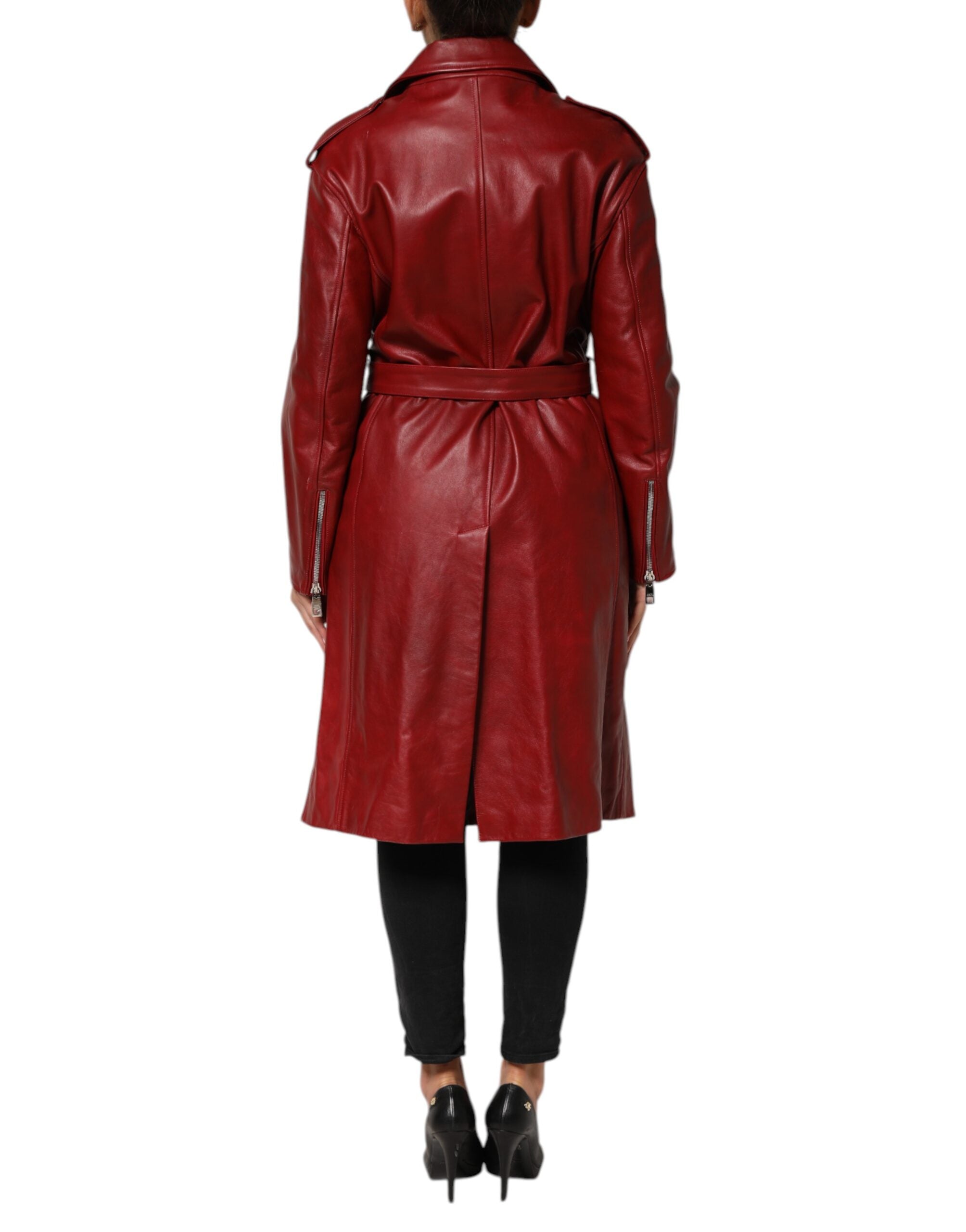 Red Leather Belted Full Zip Trench Coat Jacket
