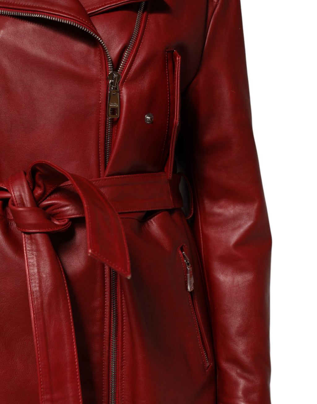 Red Leather Belted Full Zip Trench Coat Jacket