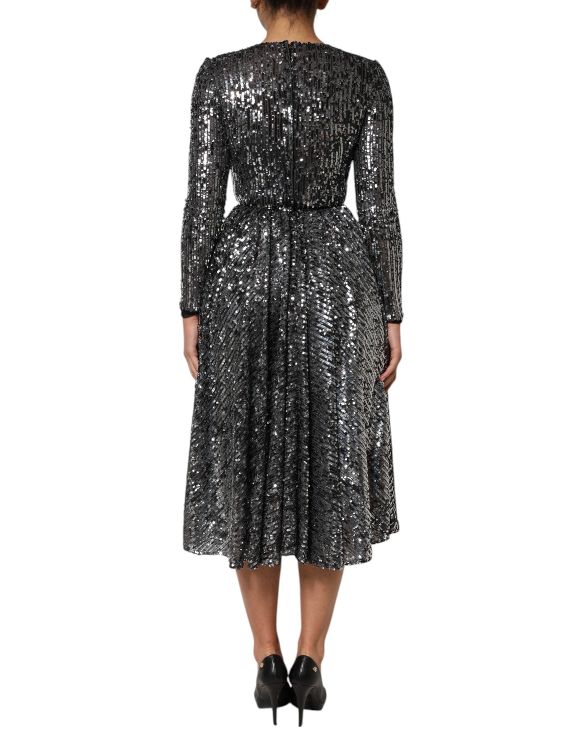 Black Sequined Long Sleeves Midi A-line  Dress