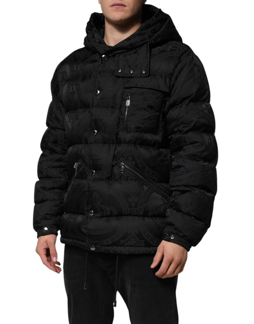 Black Jacquard Quilted Puffer Hooded Jacket