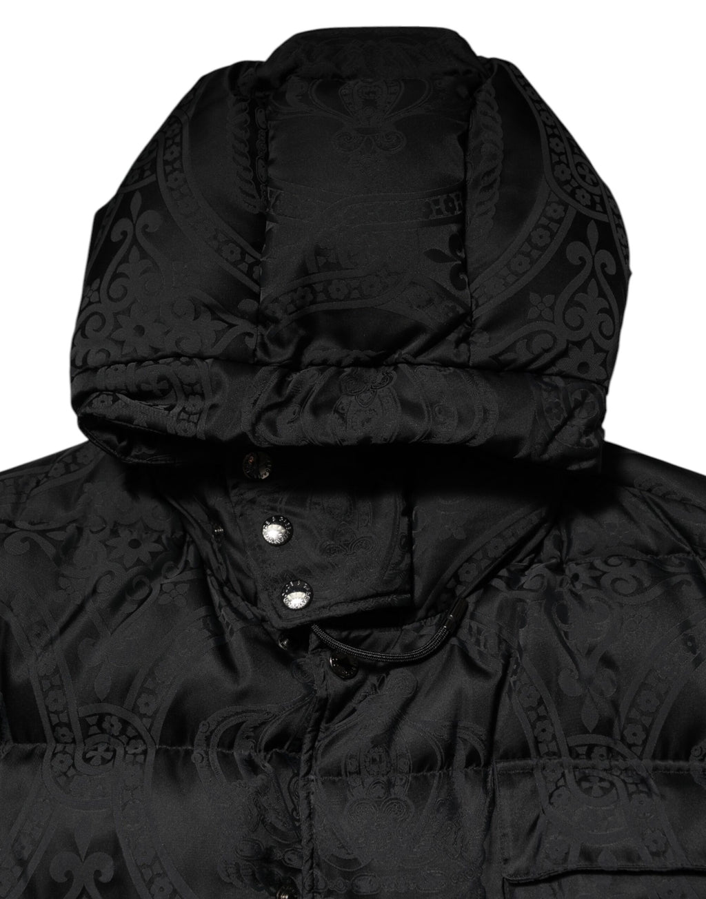 Black Jacquard Quilted Puffer Hooded Jacket
