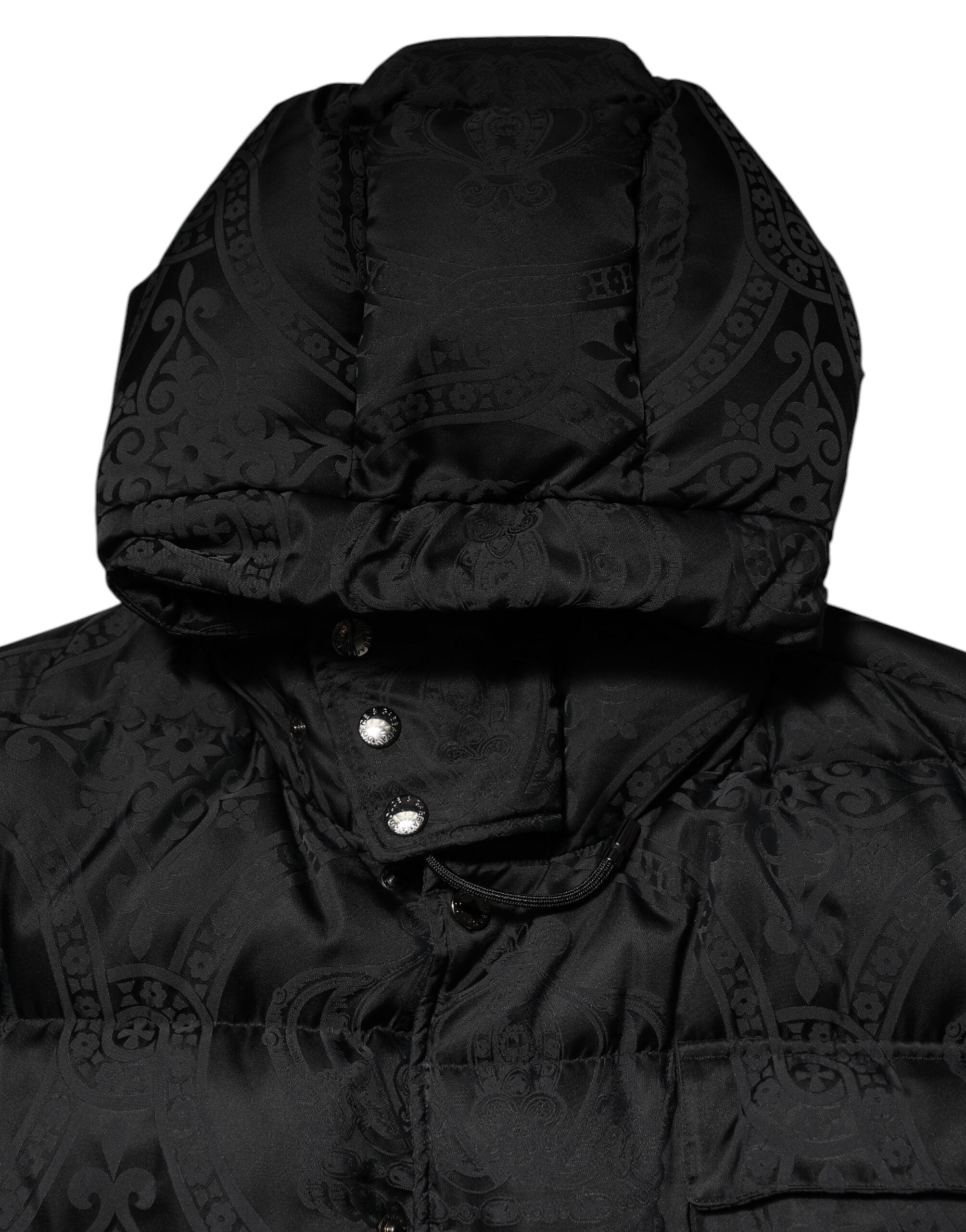 Black Jacquard Quilted Puffer Hooded Jacket