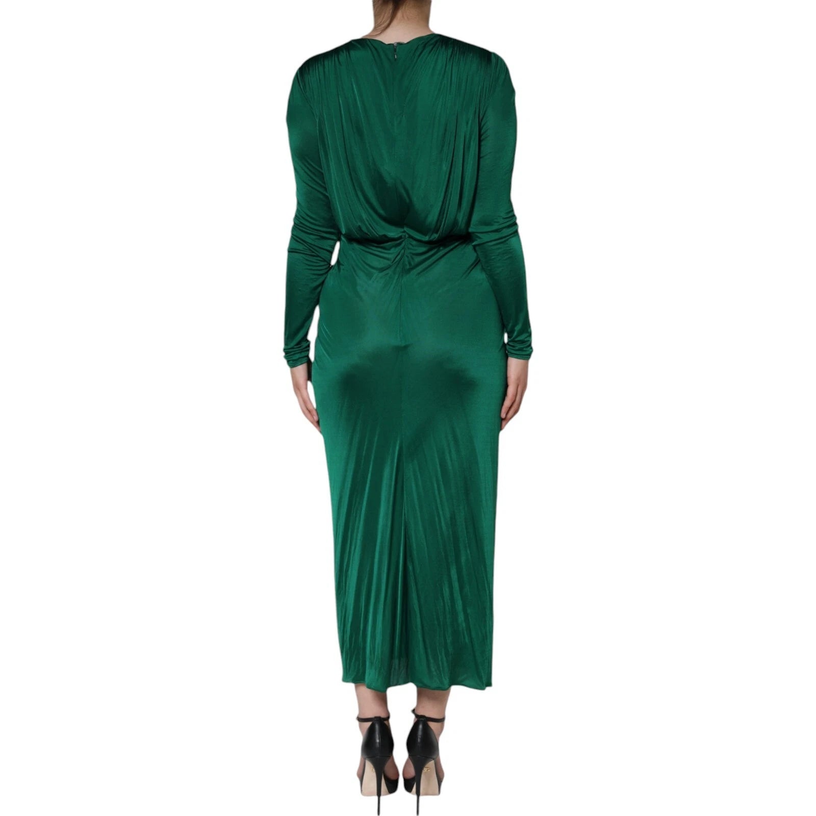 Dark Green Viscose Long Sleeve Midi Dress