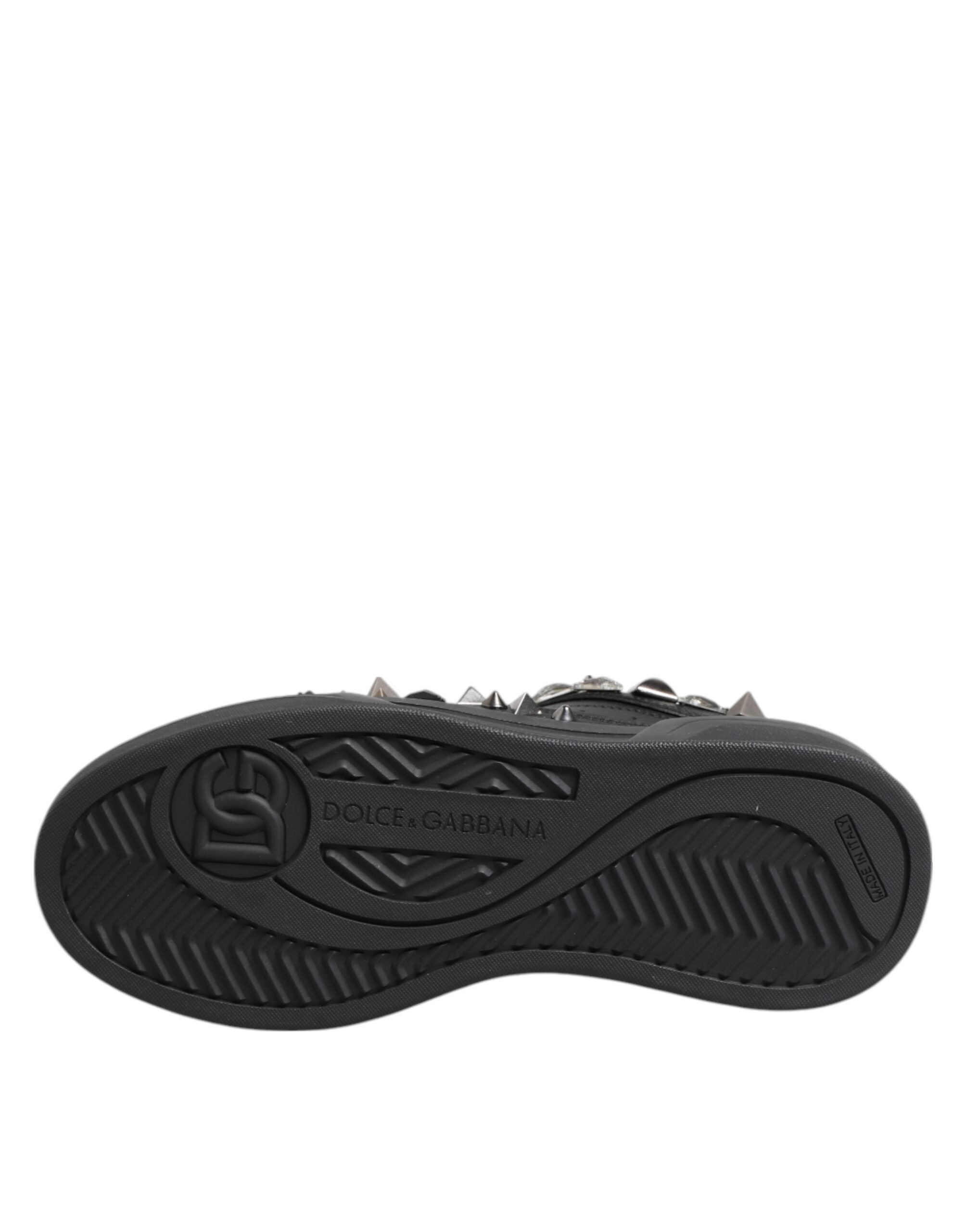 Black Leather Studded Low Top Sneakers Shoes