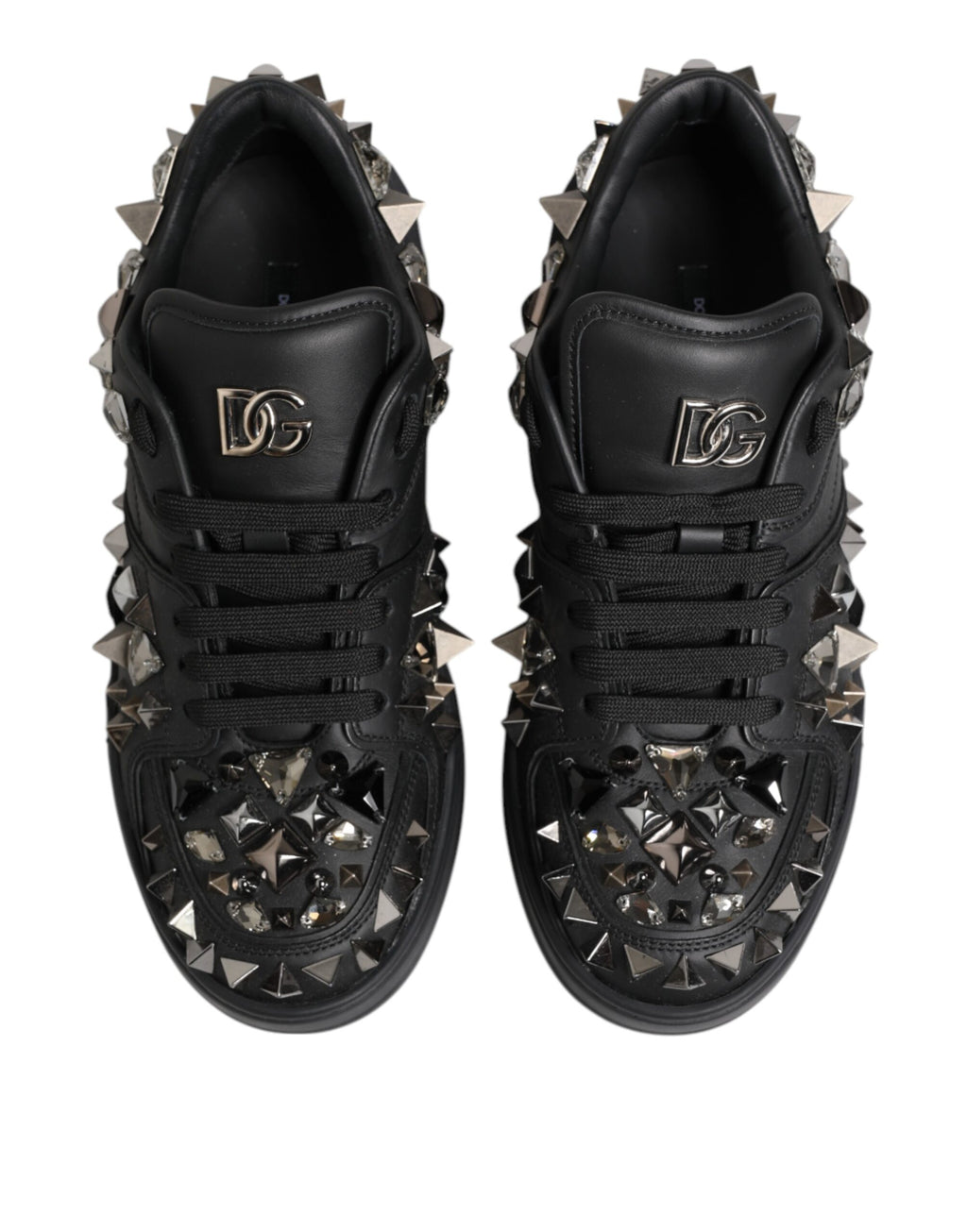 Black Leather Studded Low Top Sneakers Shoes