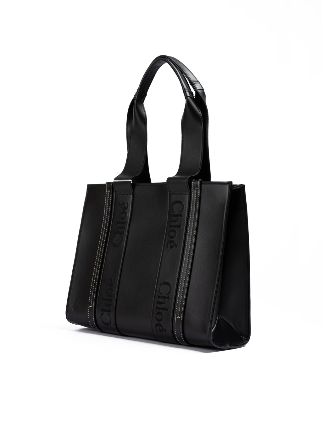 Chloé Black Woody Embroidered Logo Leather Medium Tote Bag