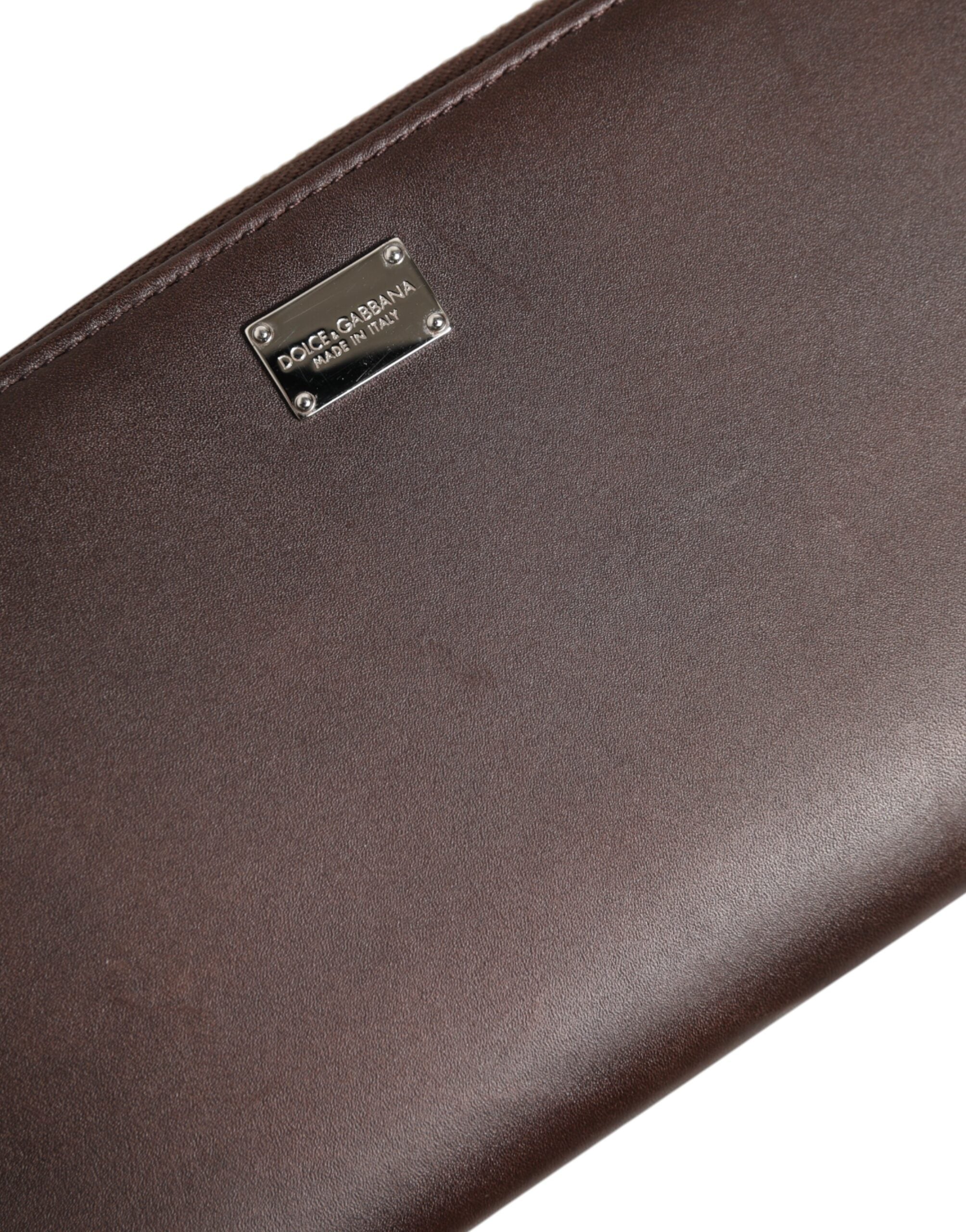 Brown Calfskin Leather Logo Zip Around Continental Wallet
