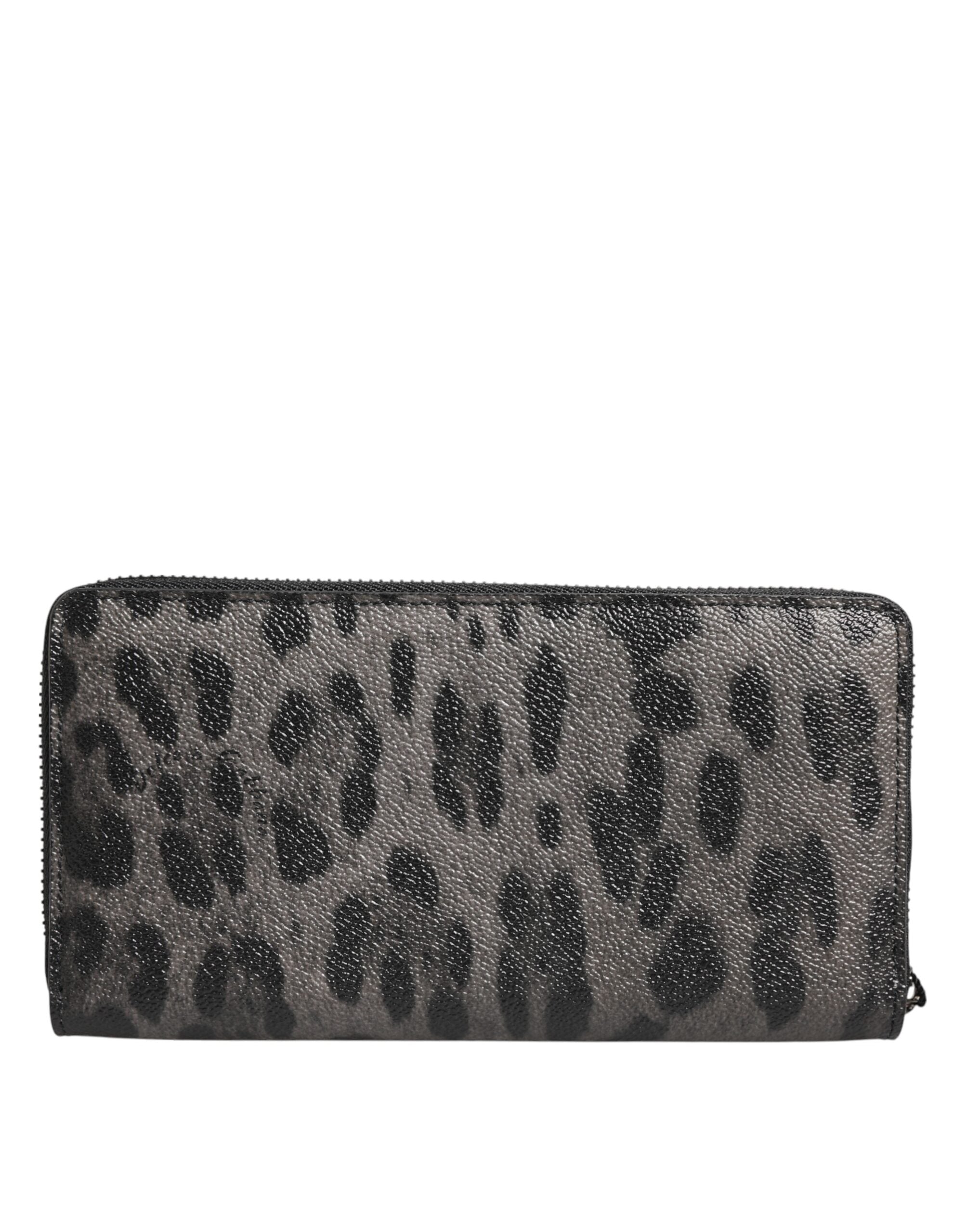 Black Gray Leopard Leather Zip Around Continental Wallet