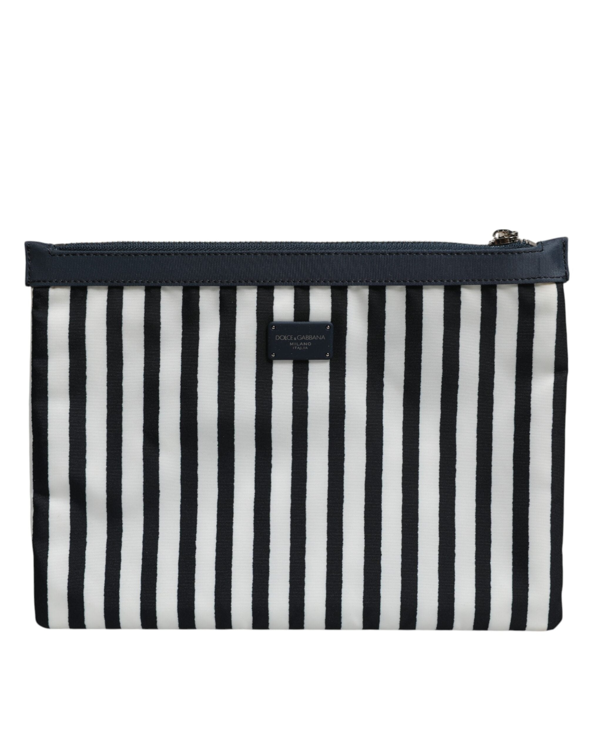 Black White Striped Logo Plaque Clutch Pouch Bag
