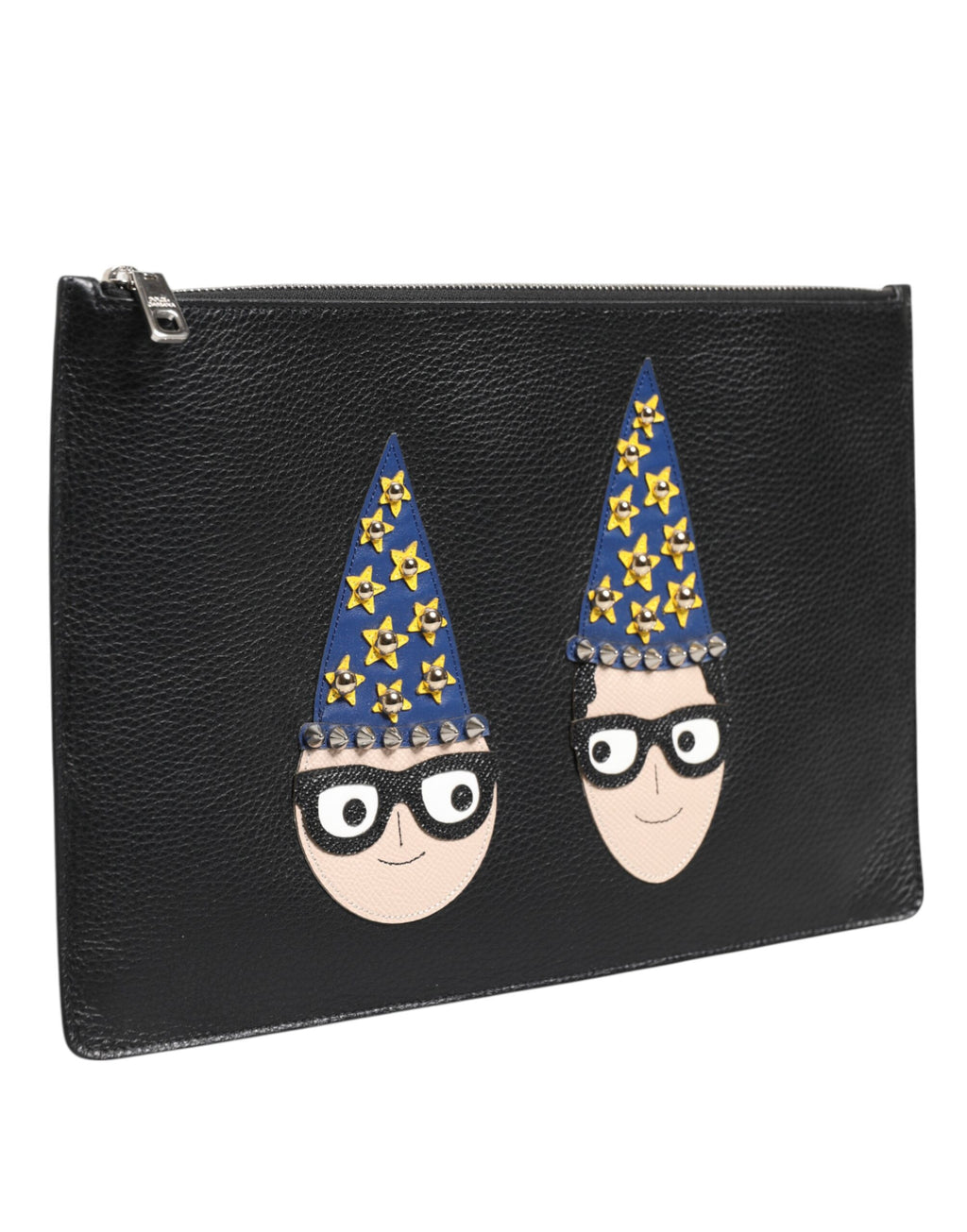 Black Leather #DGFAMILY Embellished Men Clutch Pouch Bag