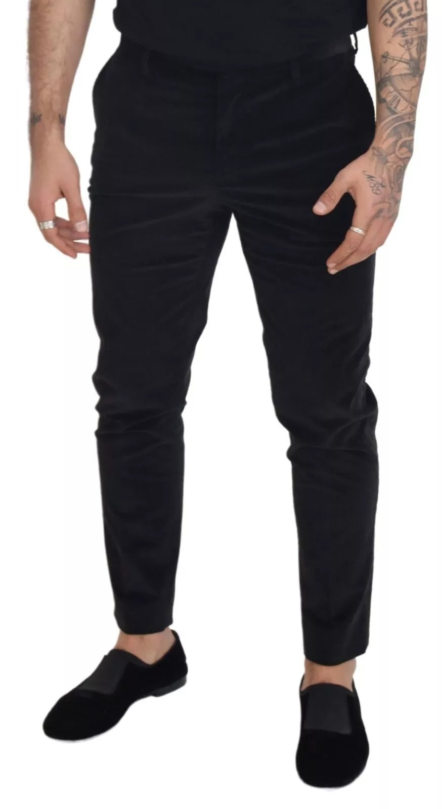 Black Stretch Cotton Slim Trousers Chino Pants