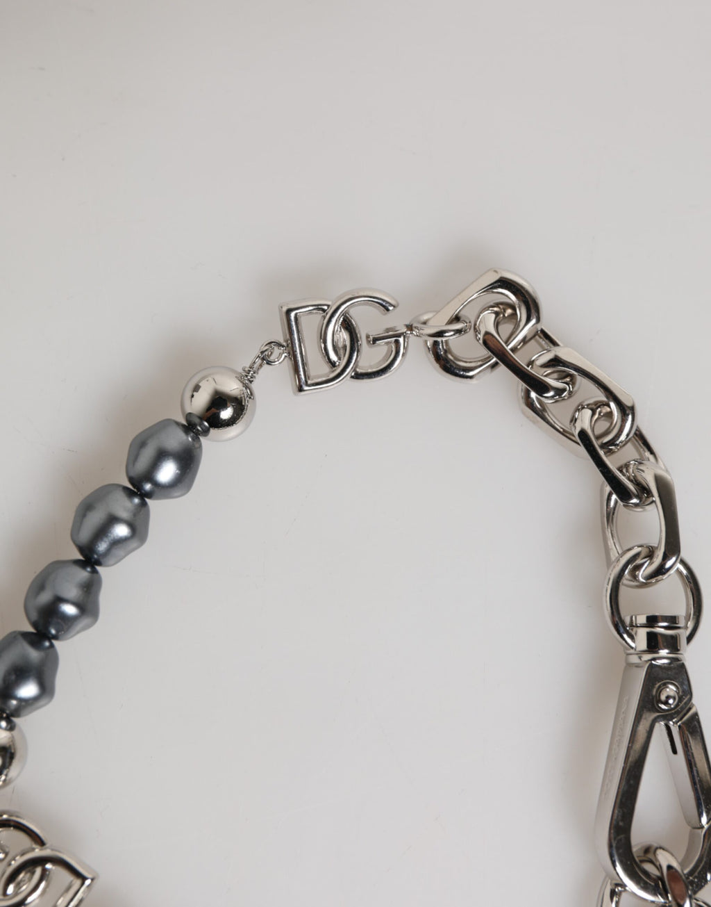 Dolce & Gabbana Silver Tone Chain Lobster Clasp Logo Gray Pearls Bracelet