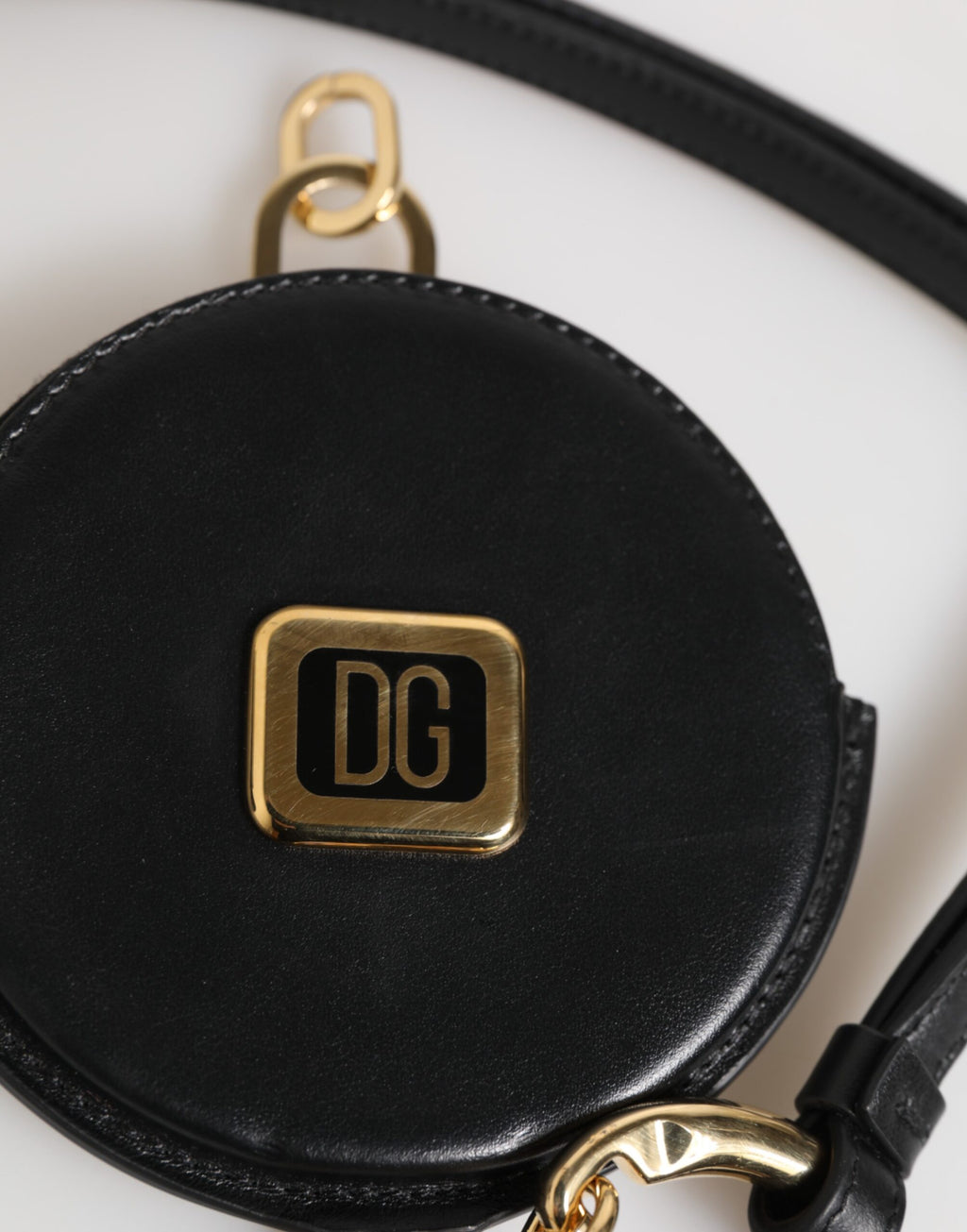 Black Round Leather DG Logo Coin Purse Lanyard Wallet
